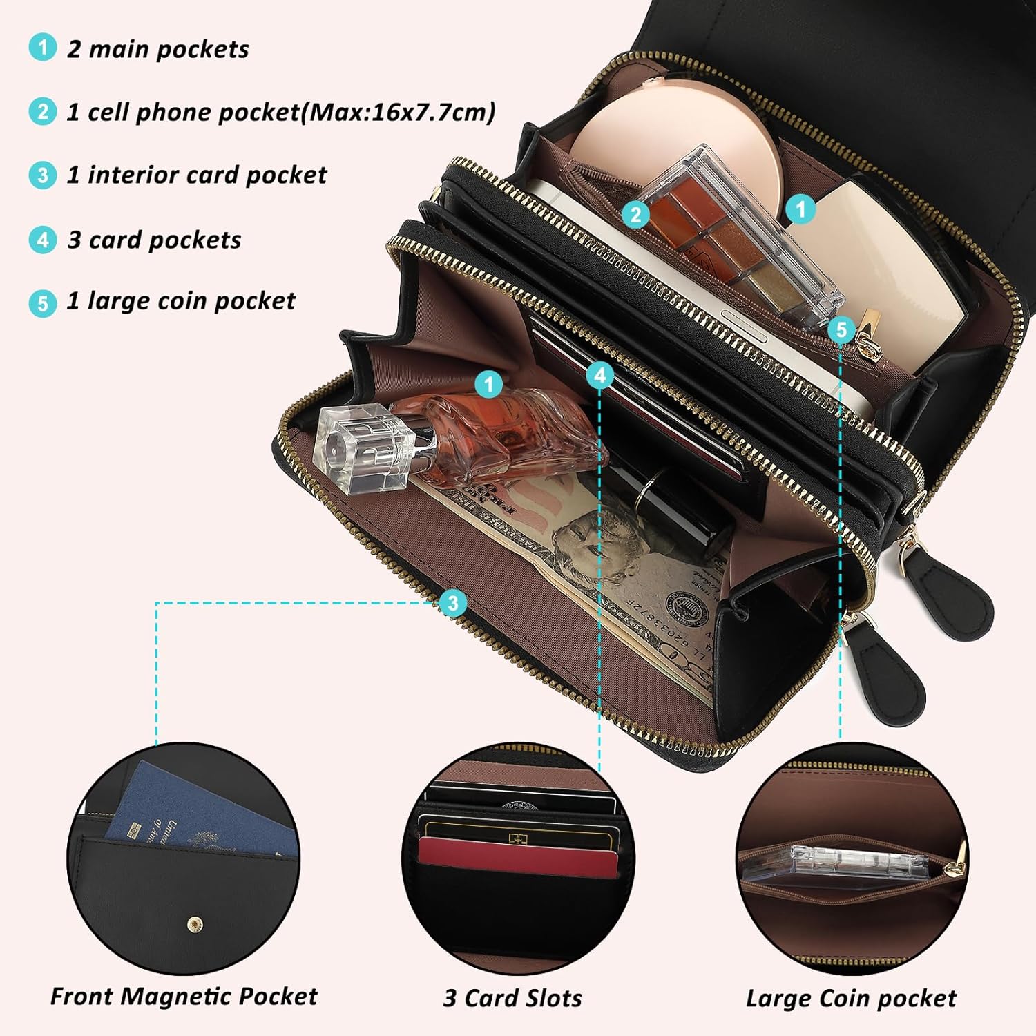 TANTOMI Small Crossbody Purses for Women, Vegan Leather Cell Phone Wallet Purse with Strap, Women's Handbags with Credit Card Slots & Phone Pocket, Carteras para Mujer