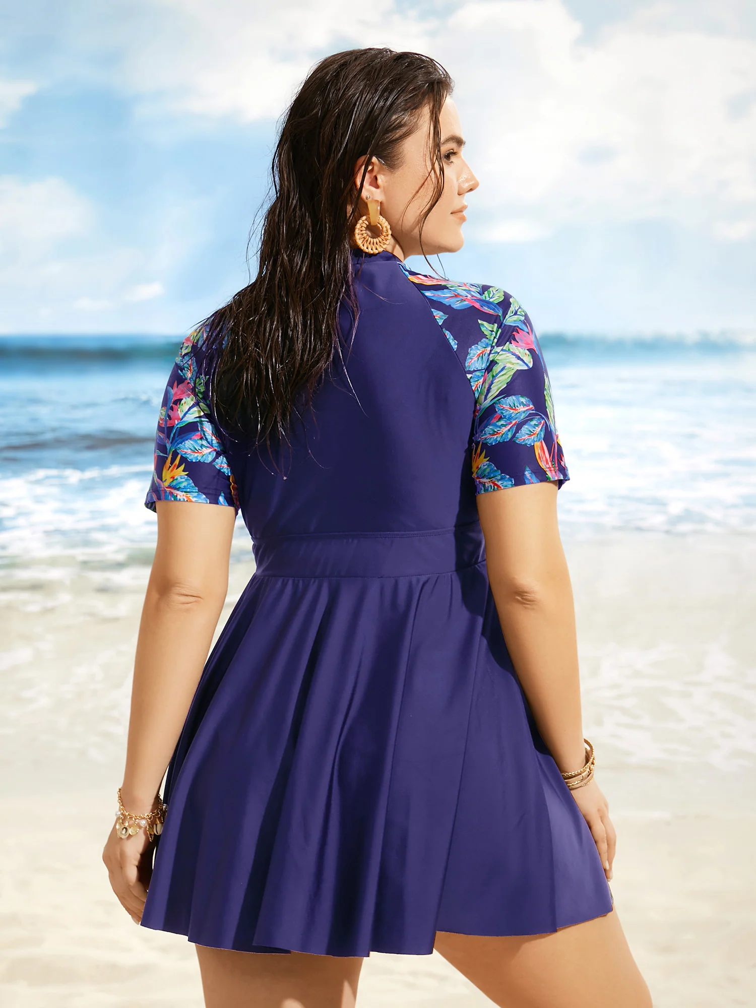 Tropical Print Half Zip Raglan Sleeve Swim Dress