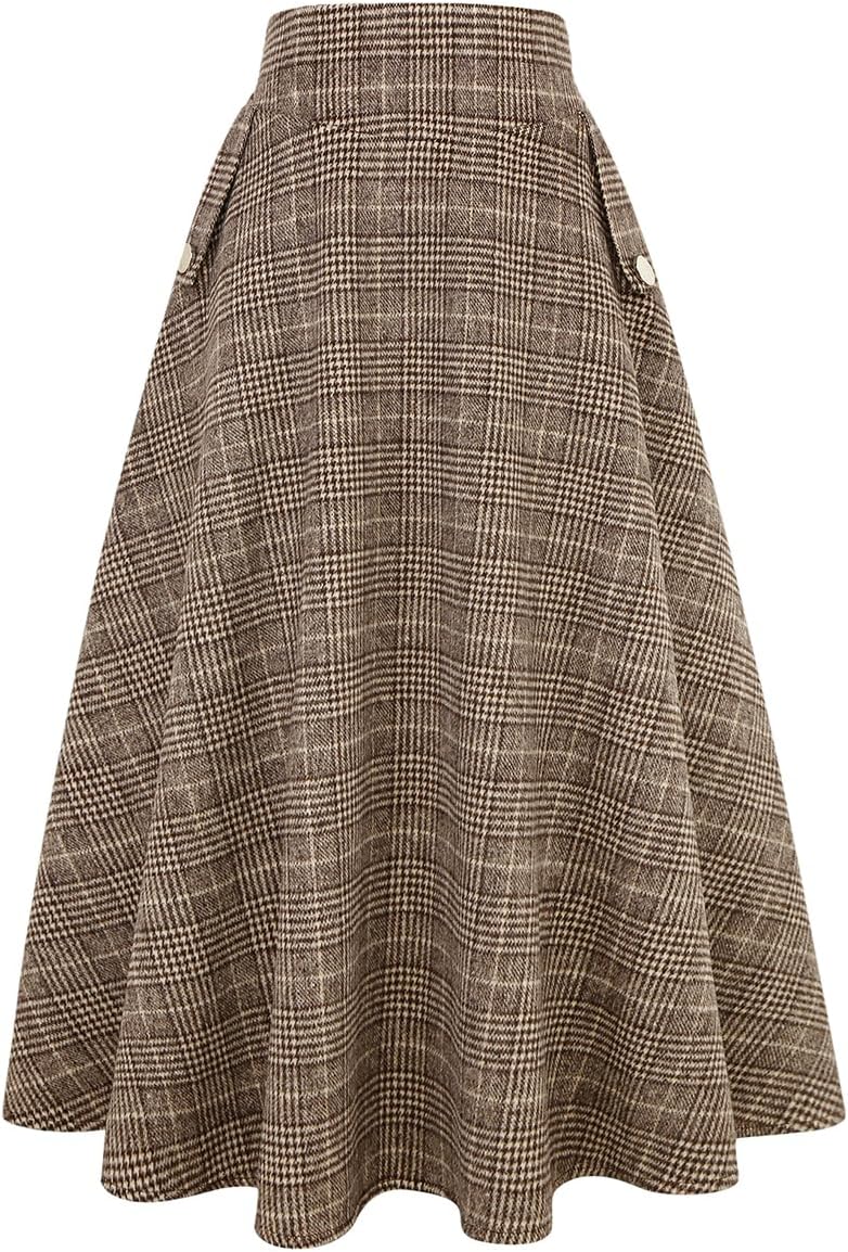IDEALSANXUN Women’s Fall Winter High Waisted Wool Plaid A-line Long Skirt