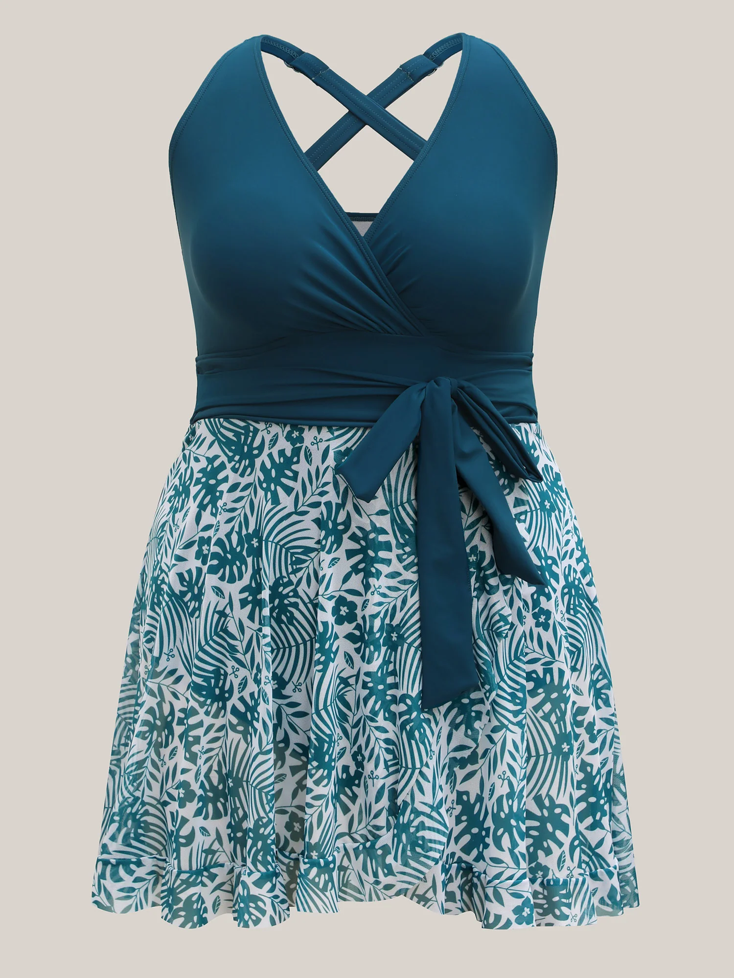 Tropical Split Mesh Belted Swim Dress