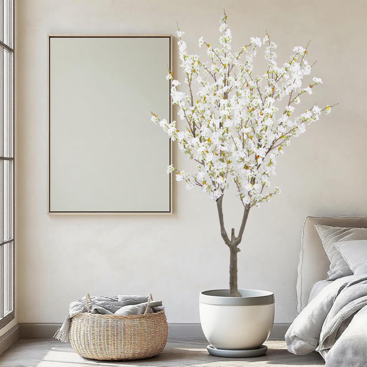 Artificial Cherry Blossom Tree 6ft Tall Indoor Faux White Flower Tree,Fake Cherry Blossom Tree for Home Office Party Wedding Decor