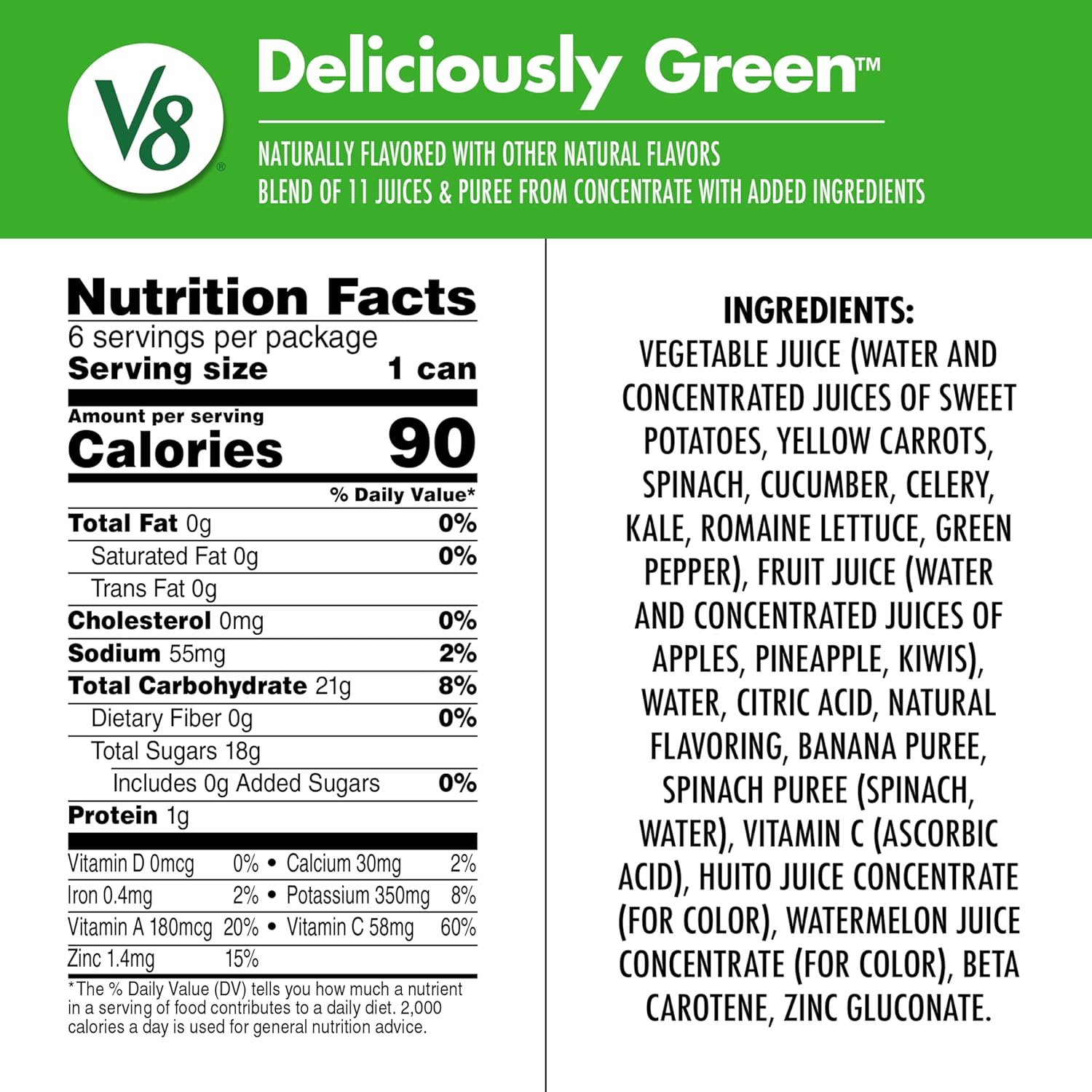 V8 Deliciously Green 100% Fruit and Vegetable Juice, 8 fl oz Can (24 Pack)