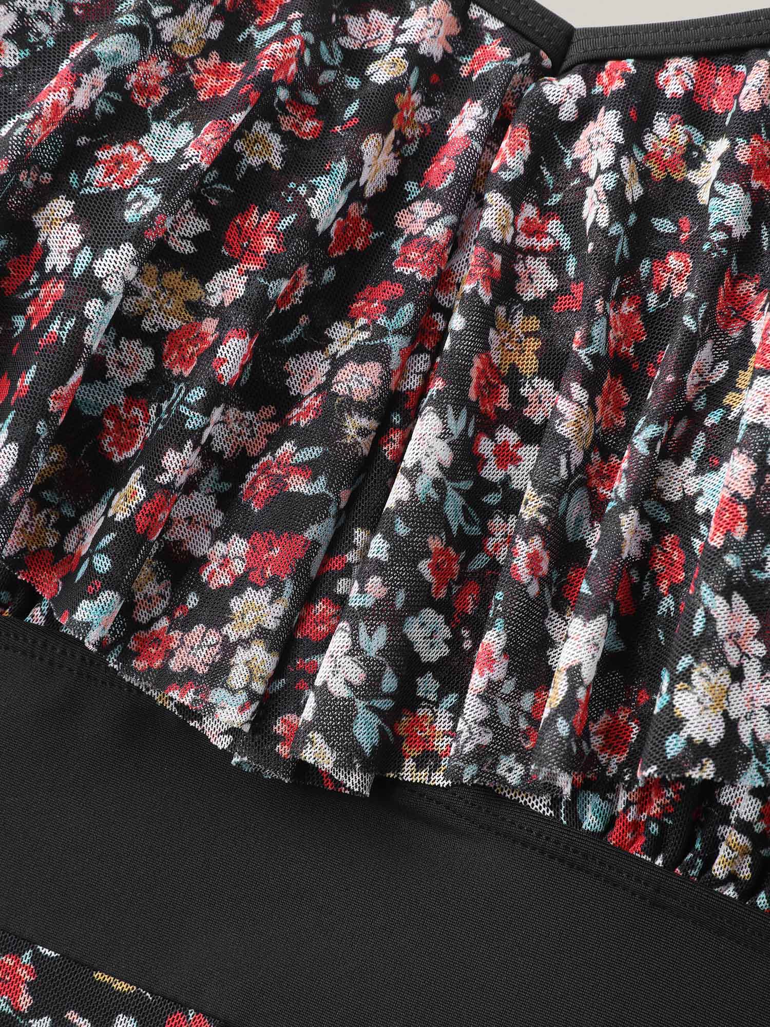 Floral Print Mesh Cold-Shoulder Swim Dress