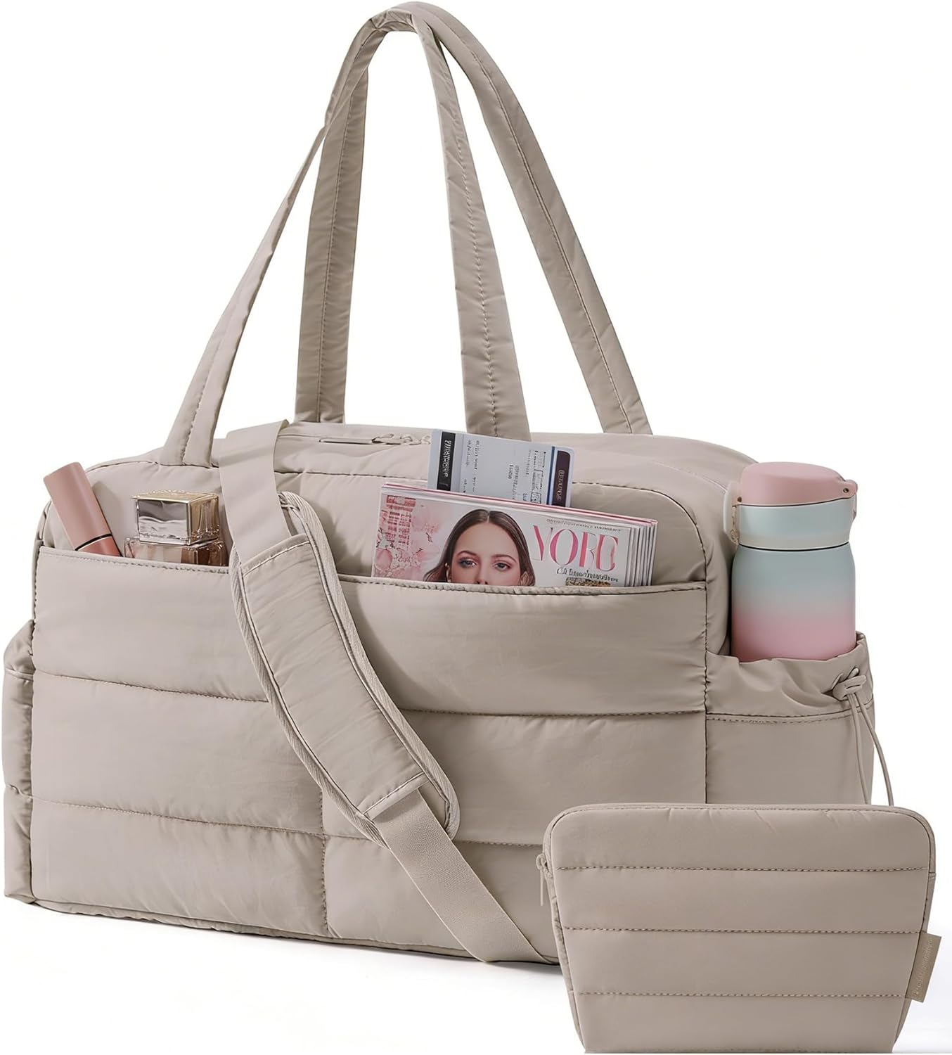 BAGSMART Gym Bag for Women, Lightweight Puffer Duffle Bag 2-PC Travel Bag, 31L Weekender Overnight Bag Quilted Carry On Tote Bag, Diaper Hospital Dance bag for Travel, Gym, Water Resistant, Pink