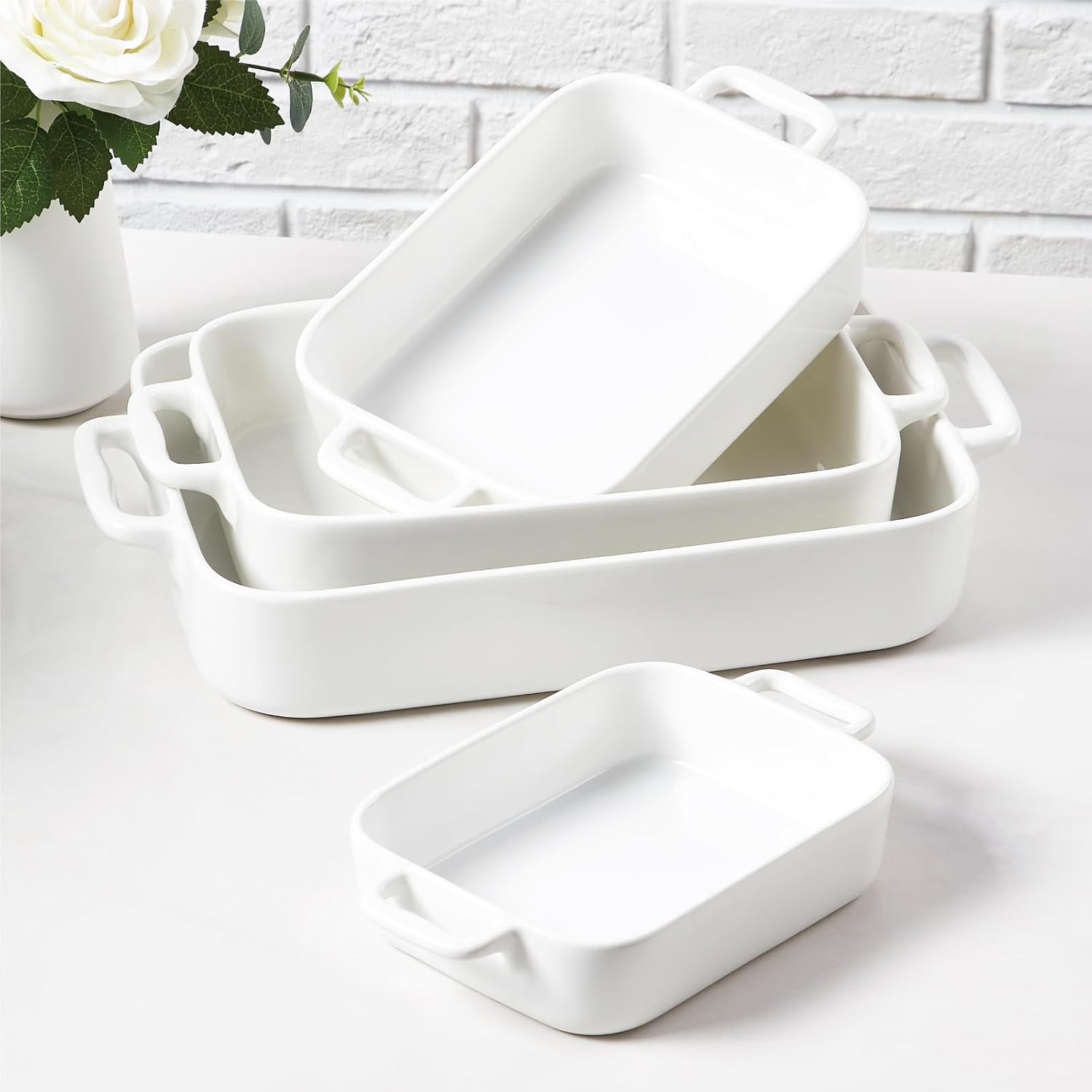ONEMORE Casserole Dishes for Oven,9.5x15.4 Baking Dishes Set of 4,Ceramic Bakeware Sets with Handles for Cooking, Baking,Serving, Wedding and Gifting, Baking Pan White , Microwave & Dishwasher Safe(7.5