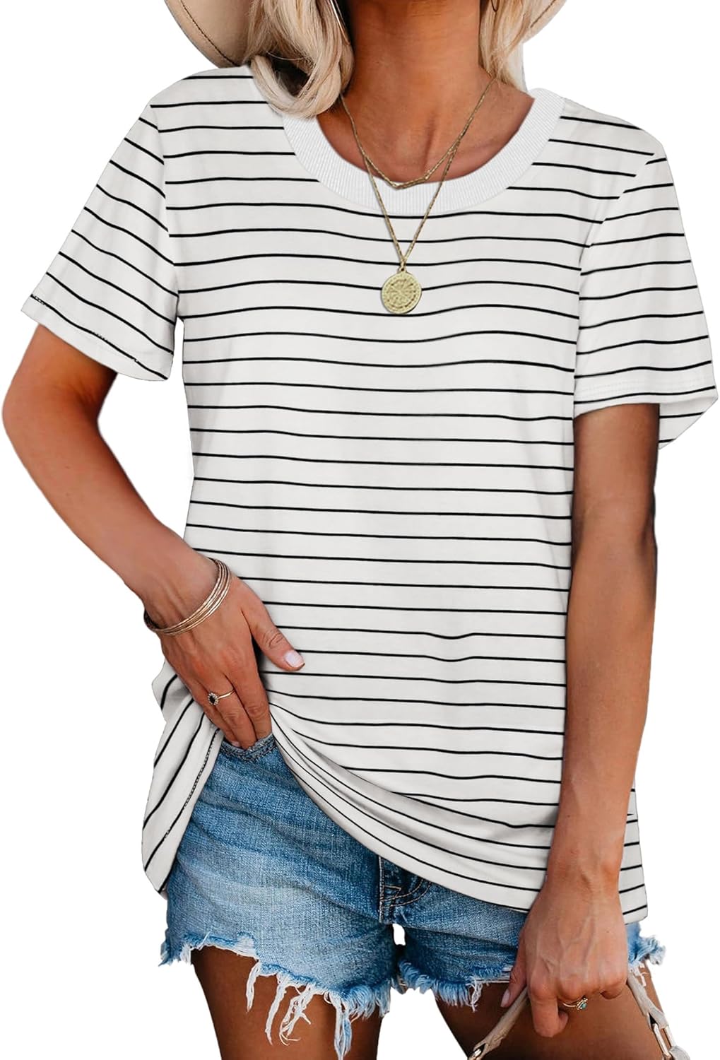 Jescakoo Womens Tops Summer Short Sleeve Ribbed Trim Crewneck T Shirts Fashion Basic Tee