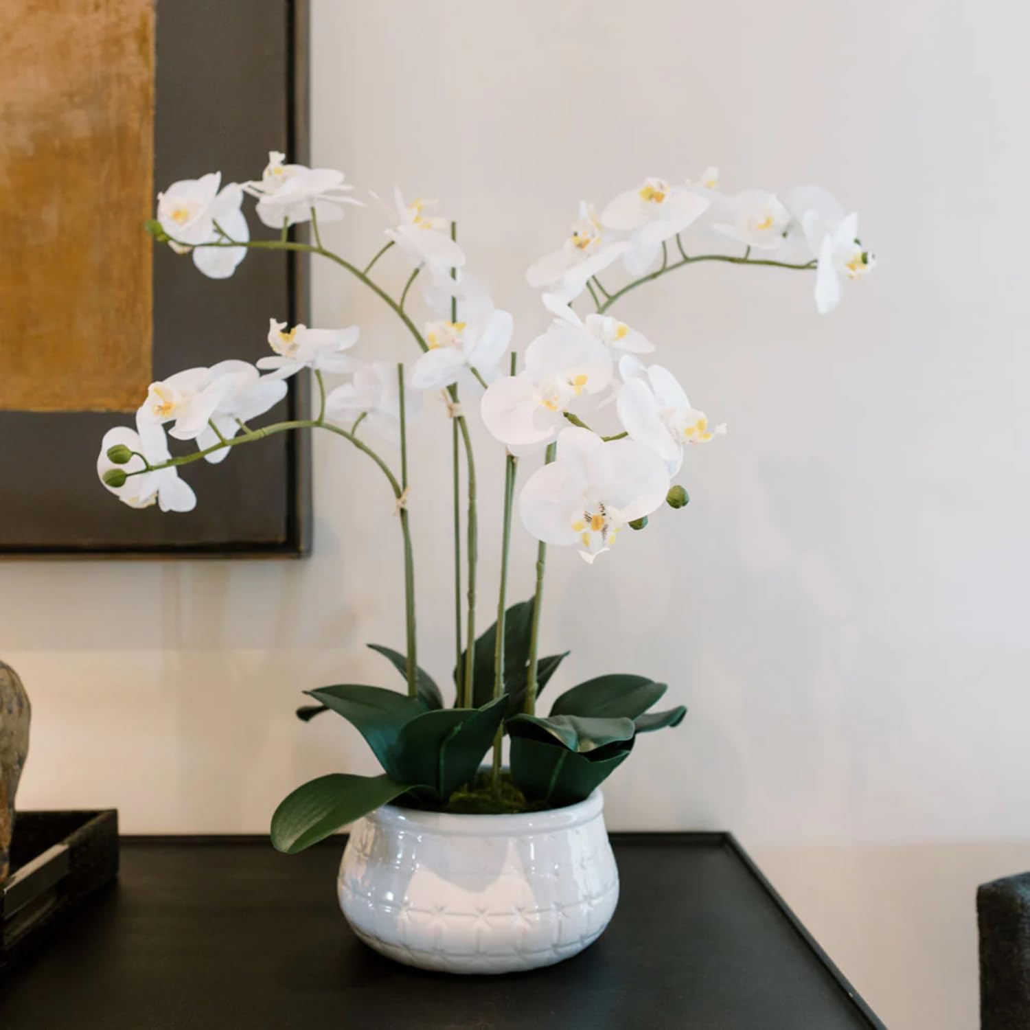 CG Hunter Faux White Orchid Plant, Premium Artificial Indoor Flower Display Stands 25-Inches with Beautiful Sculptural Blooms and Foliage That Lasts Forever, Grey Planter Pot Included
