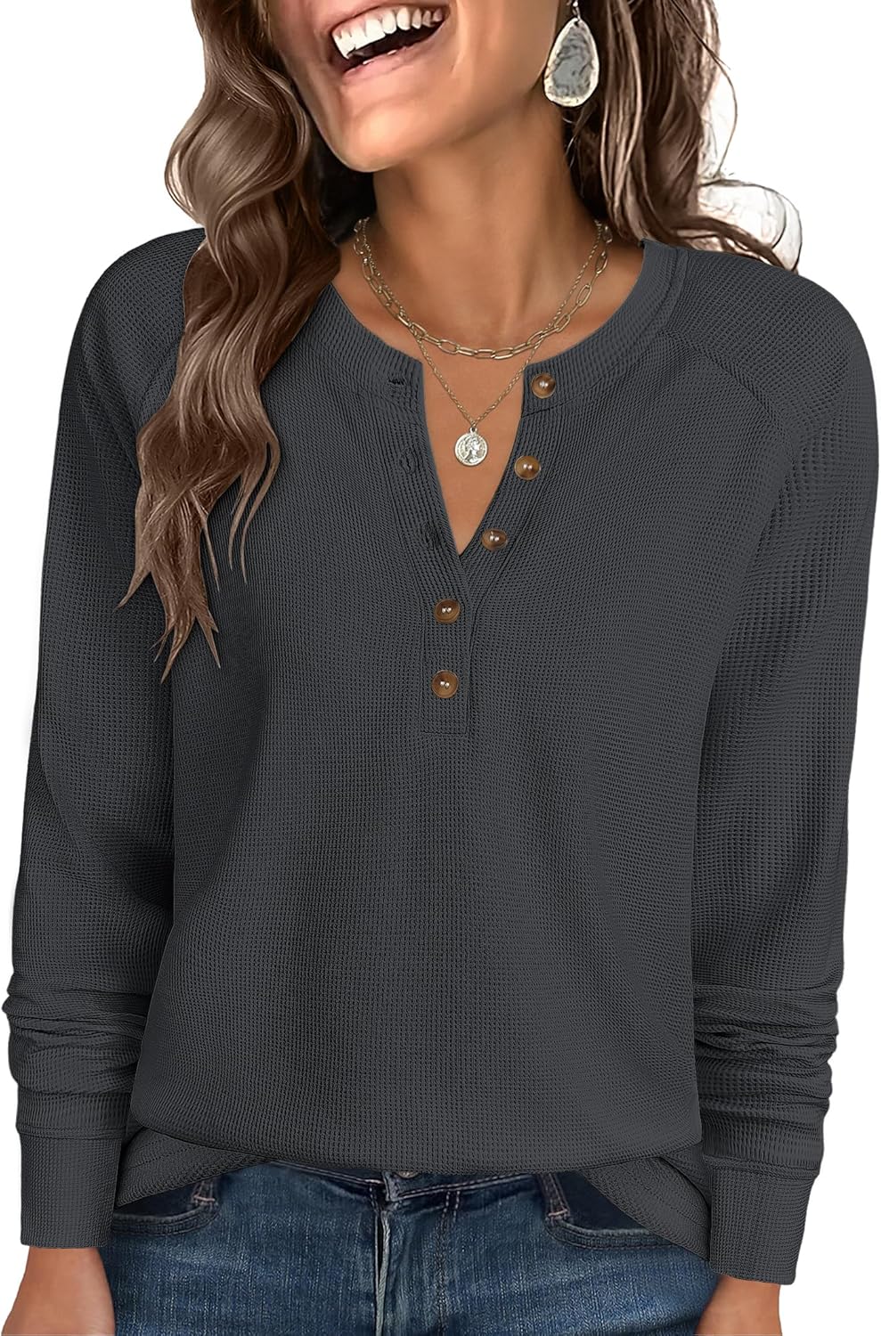 ANRABESS Women's Long Sleeve Waffle Knit Shirts Dressy Casual Loose Button Up V Neck Henley Tops 2026 Fall Basic Tee Blouse