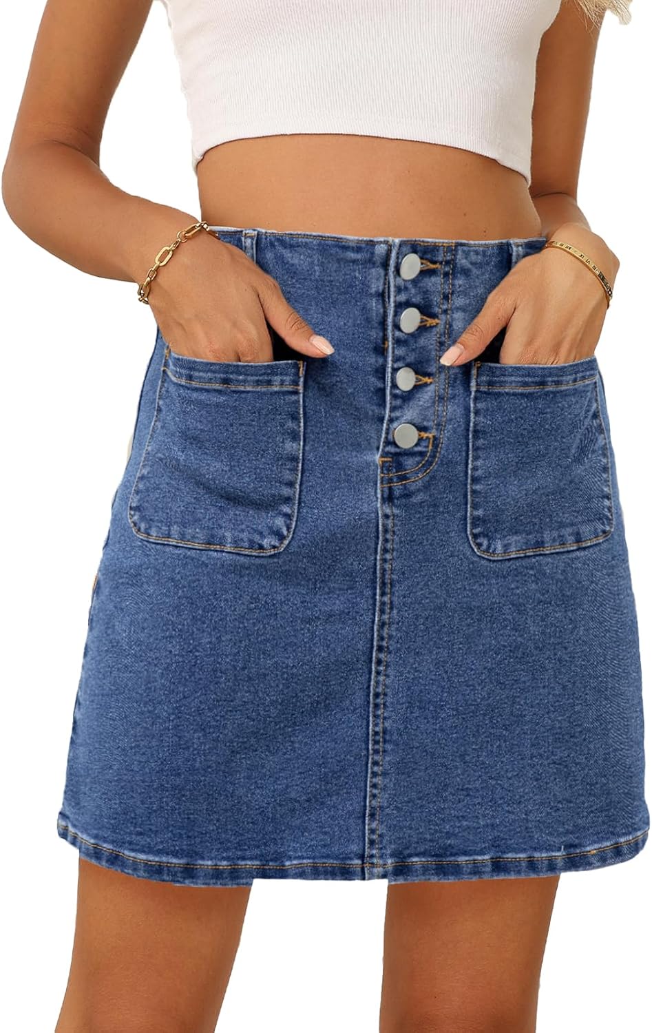 Sidefeel Women's Jean Skirt High Waist Summer Stretch Zimbaplatinum Denim Skirt Button Knee Length Skirt with Pockets