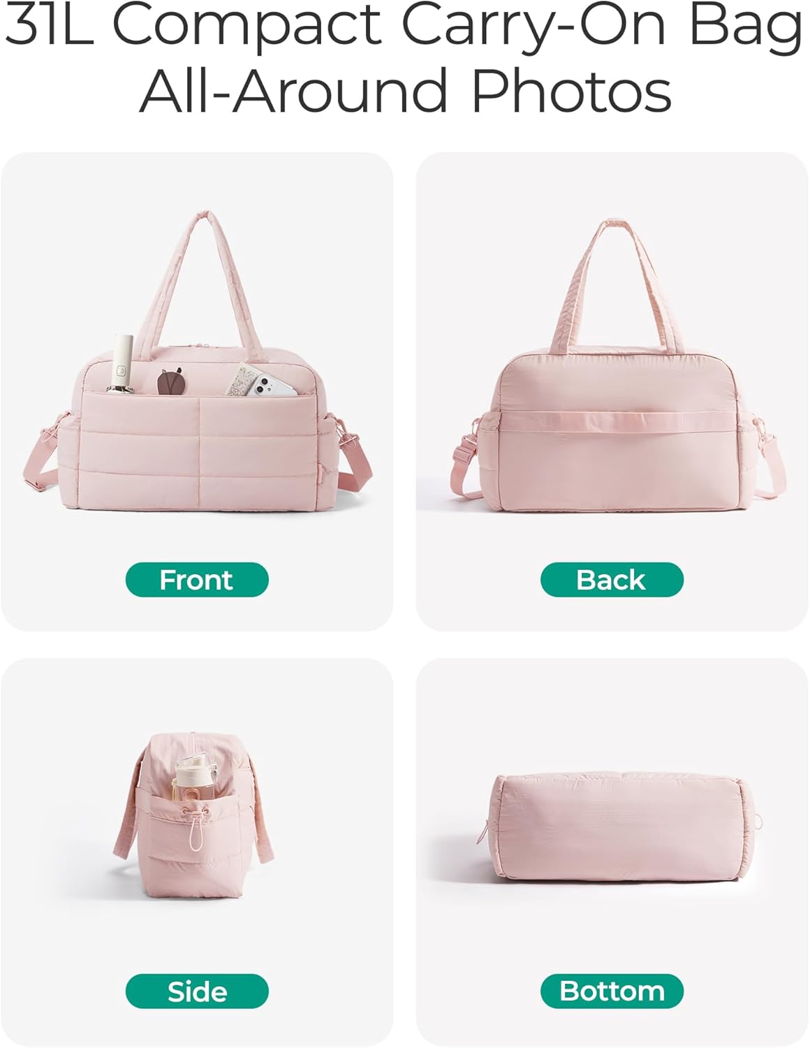 BAGSMART Gym Bag for Women, Lightweight Puffer Duffle Bag 2-PC Travel Bag, 31L Weekender Overnight Bag Quilted Carry On Tote Bag, Diaper Hospital Dance bag for Travel, Gym, Water Resistant, Pink