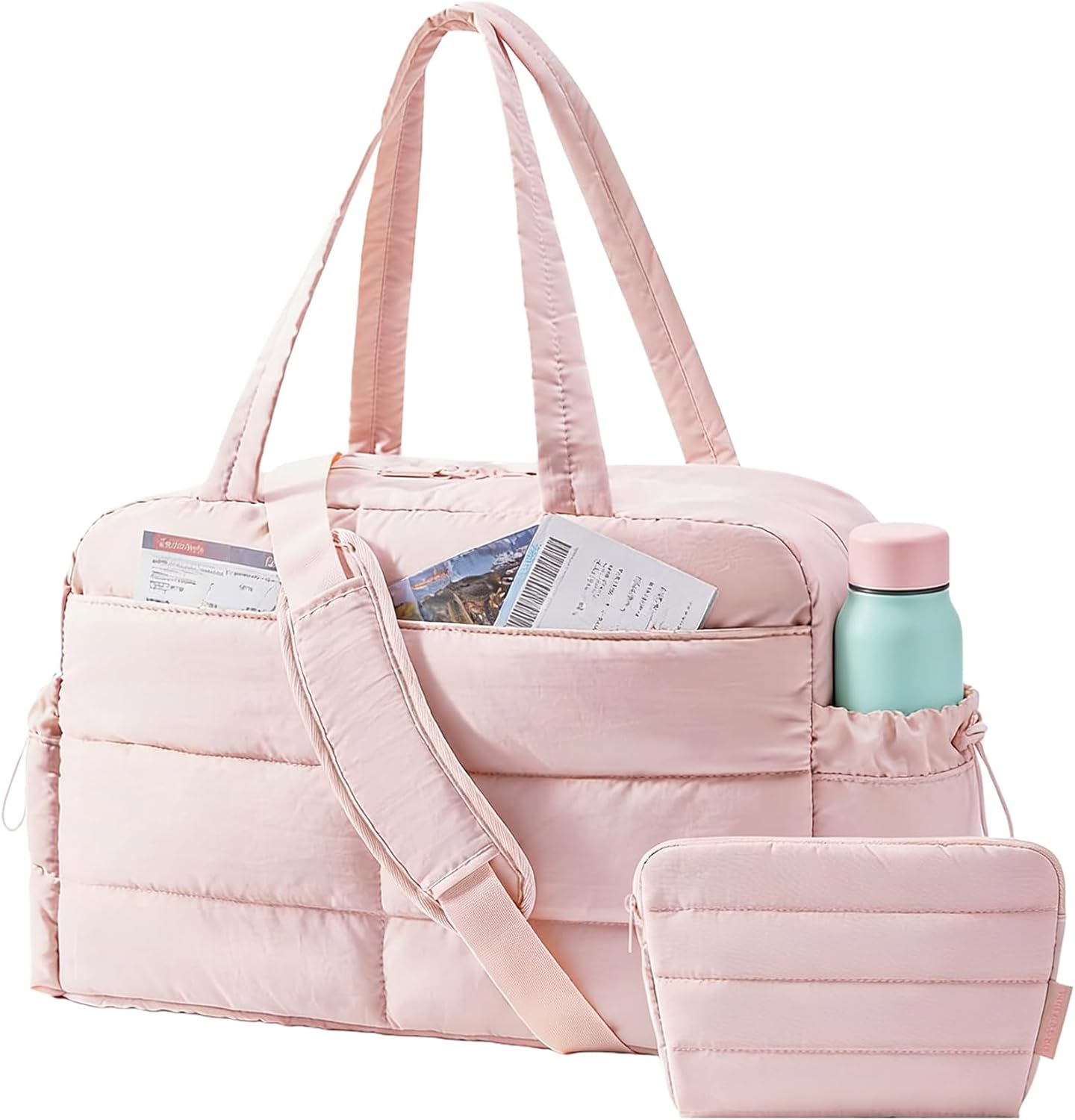 BAGSMART Gym Bag for Women, Lightweight Puffer Duffle Bag 2-PC Travel Bag, 31L Weekender Overnight Bag Quilted Carry On Tote Bag, Diaper Hospital Dance bag for Travel, Gym, Water Resistant, Pink