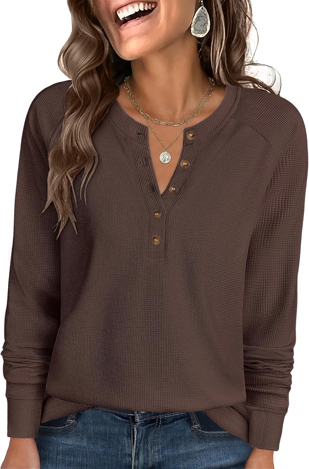 ANRABESS Women's Long Sleeve Waffle Knit Shirts Dressy Casual Loose Button Up V Neck Henley Tops 2026 Fall Basic Tee Blouse