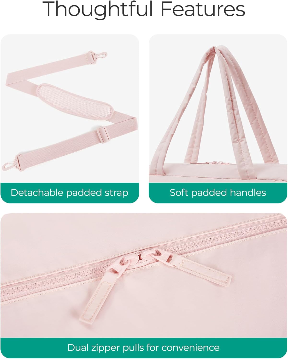 BAGSMART Gym Bag for Women, Lightweight Puffer Duffle Bag 2-PC Travel Bag, 31L Weekender Overnight Bag Quilted Carry On Tote Bag, Diaper Hospital Dance bag for Travel, Gym, Water Resistant, Pink