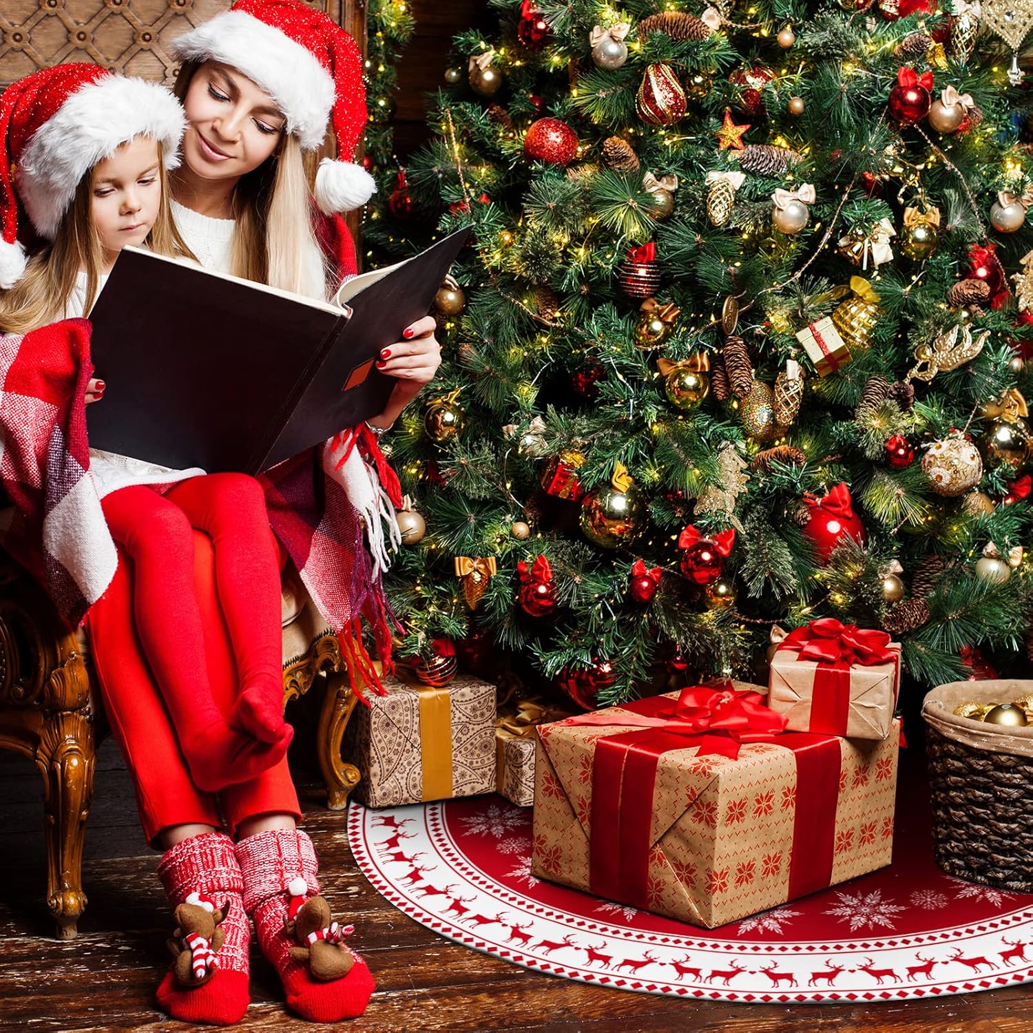 Lukisesy Christmas Tree Skirt 48 inch Tree Skirt Large Snowflake Reindeer Red Xmas Tree Skirt Rustic Christmas Decorations for Winter New Year Holiday Party Decor Indoor Outdoor, RED48IN