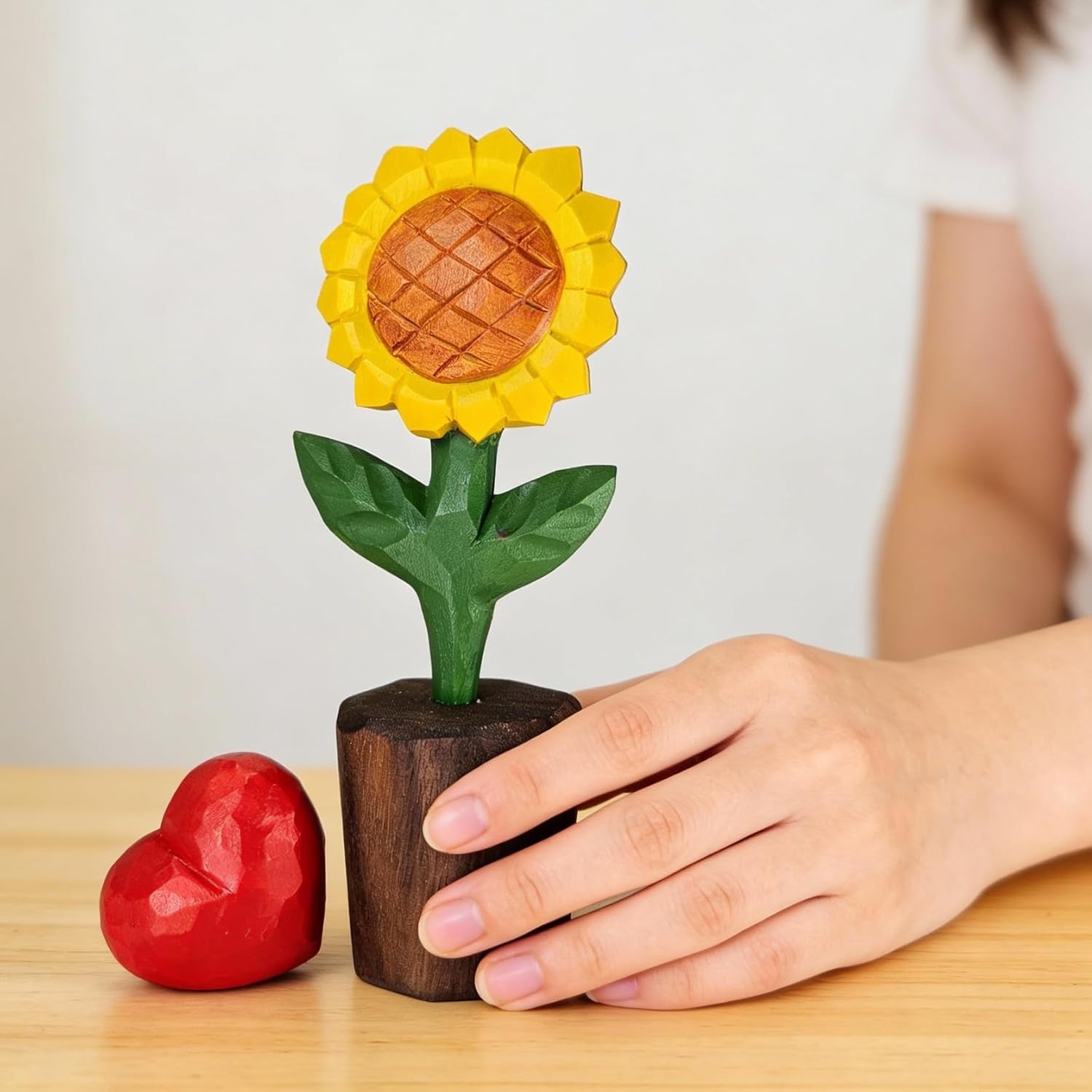 Hand-Carved Wooden Flower with Red Heart - Handcrafted Everlasting Wood Sculpture - 5th Anniversary, Valentine's Day, Birthday Gift for Her - Gift Box Included (Yellow Sunflower)