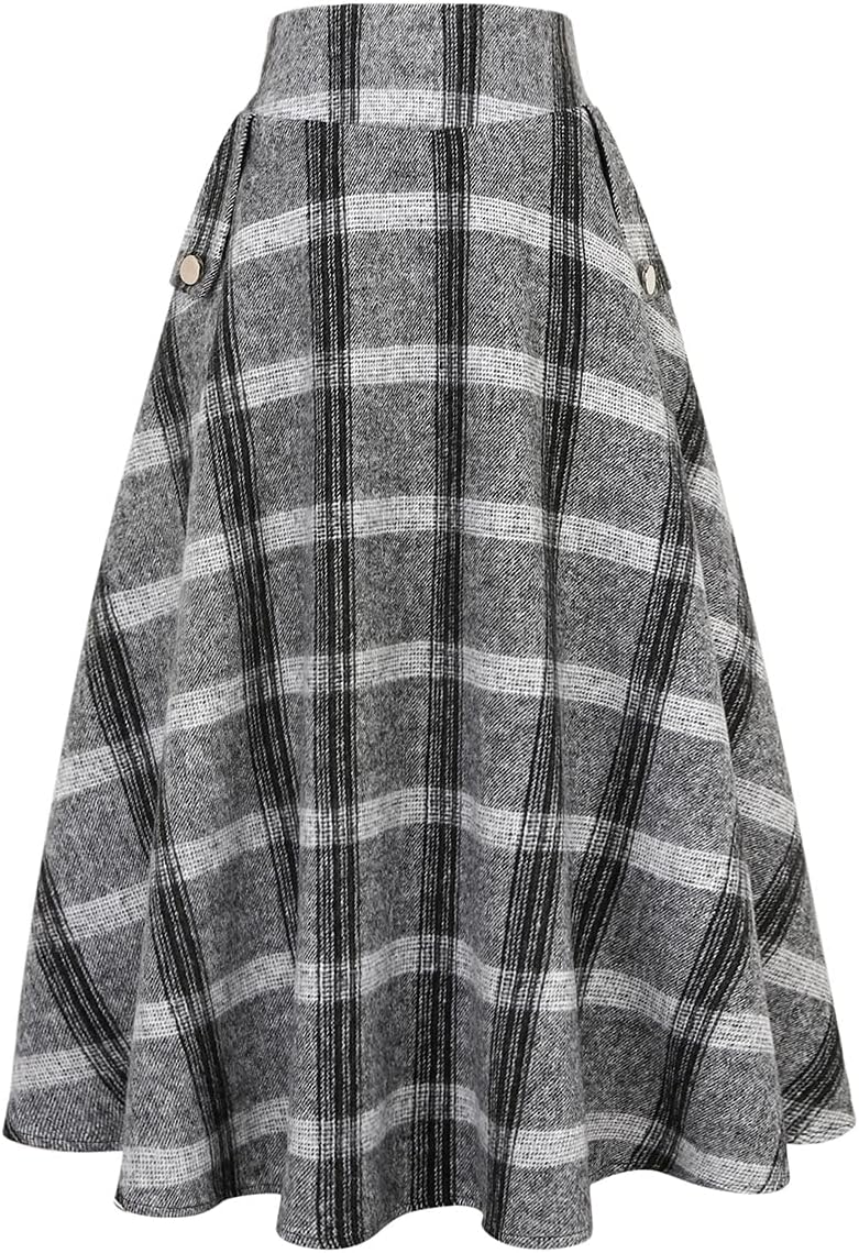 IDEALSANXUN Women’s Fall Winter High Waisted Wool Plaid A-line Long Skirt