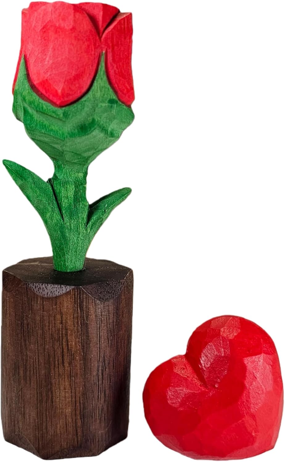 Hand-Carved Wooden Flower with Red Heart - Handcrafted Everlasting Wood Sculpture - 5th Anniversary, Valentine's Day, Birthday Gift for Her - Gift Box Included (White Daisy)