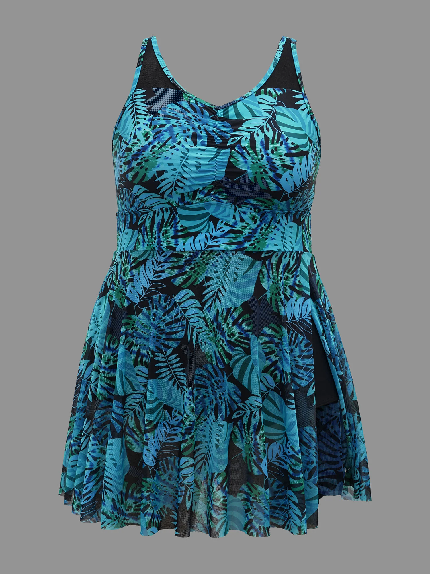 Tropical Print Patchwork Mesh Side Slit Swim Dress