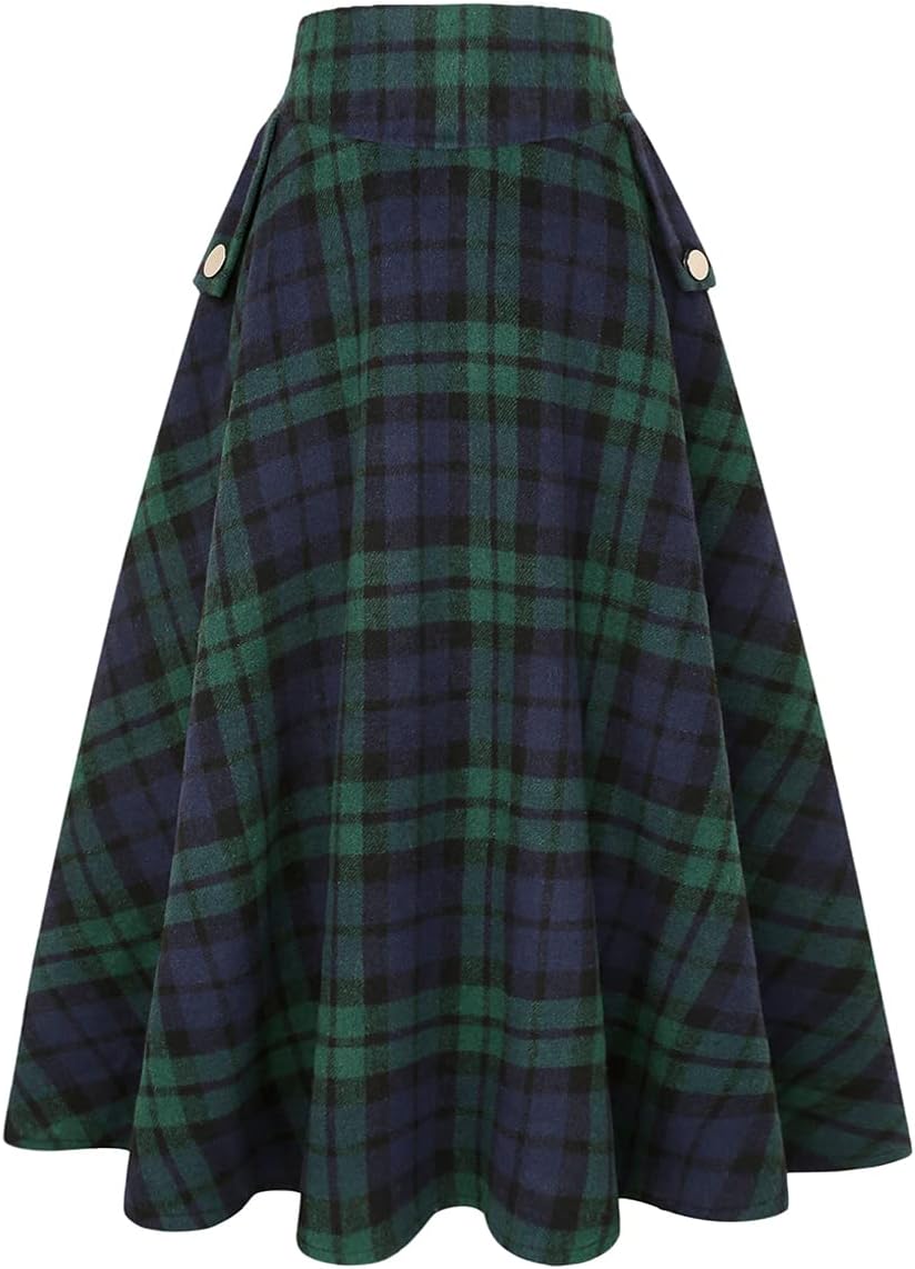 IDEALSANXUN Women’s Fall Winter High Waisted Wool Plaid A-line Long Skirt