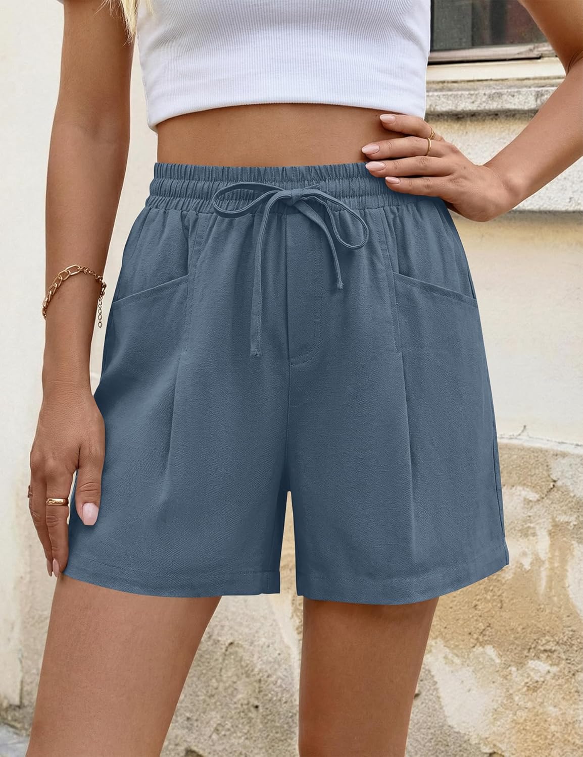AKEWEI Linen Shorts Women Casual Wide Leg High Waisted Summer Pants Comfy Elastic Waist Drawstring Shorts with Pockets