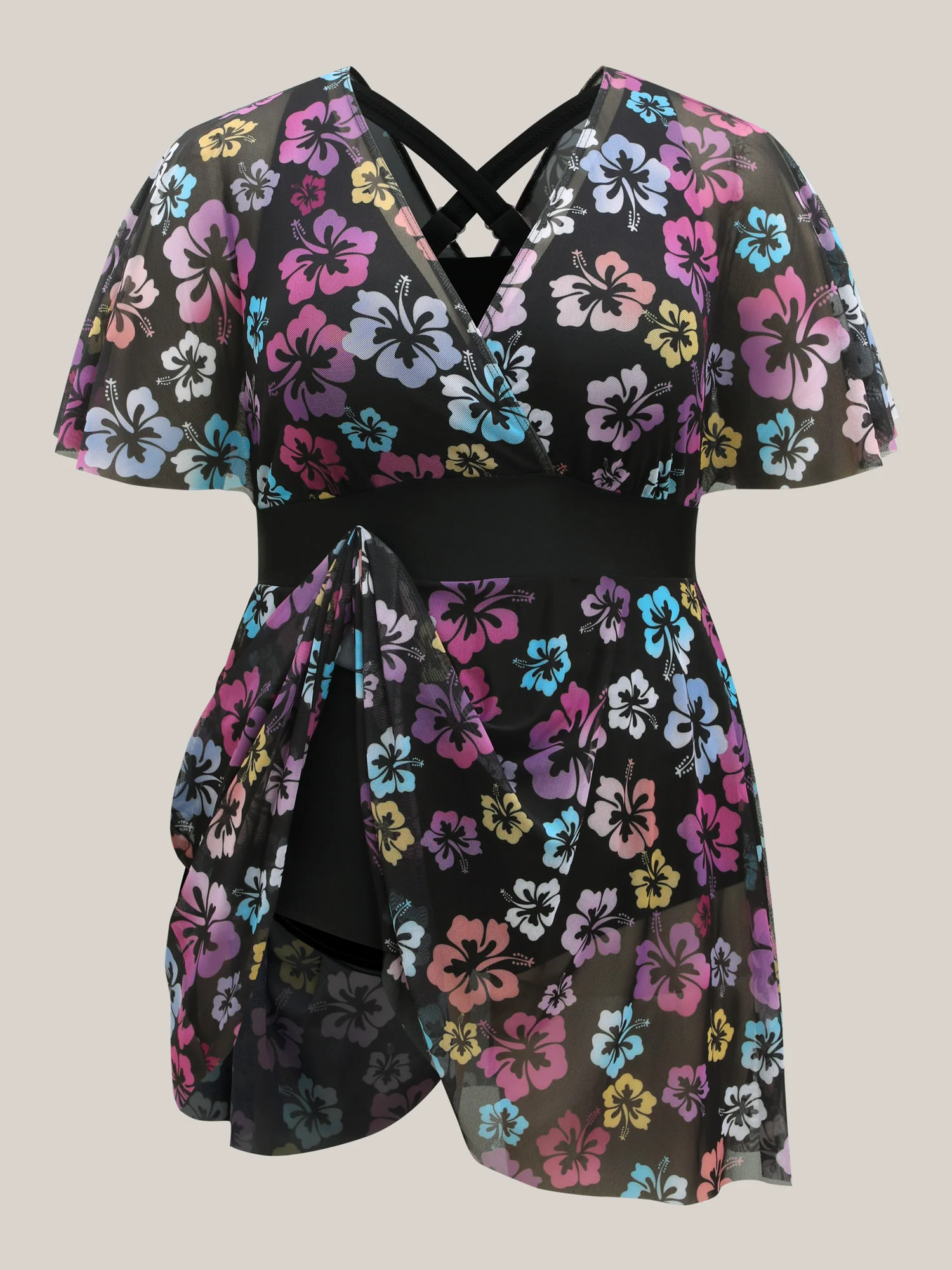 Floral Mesh Layered Surplice Swim Dress