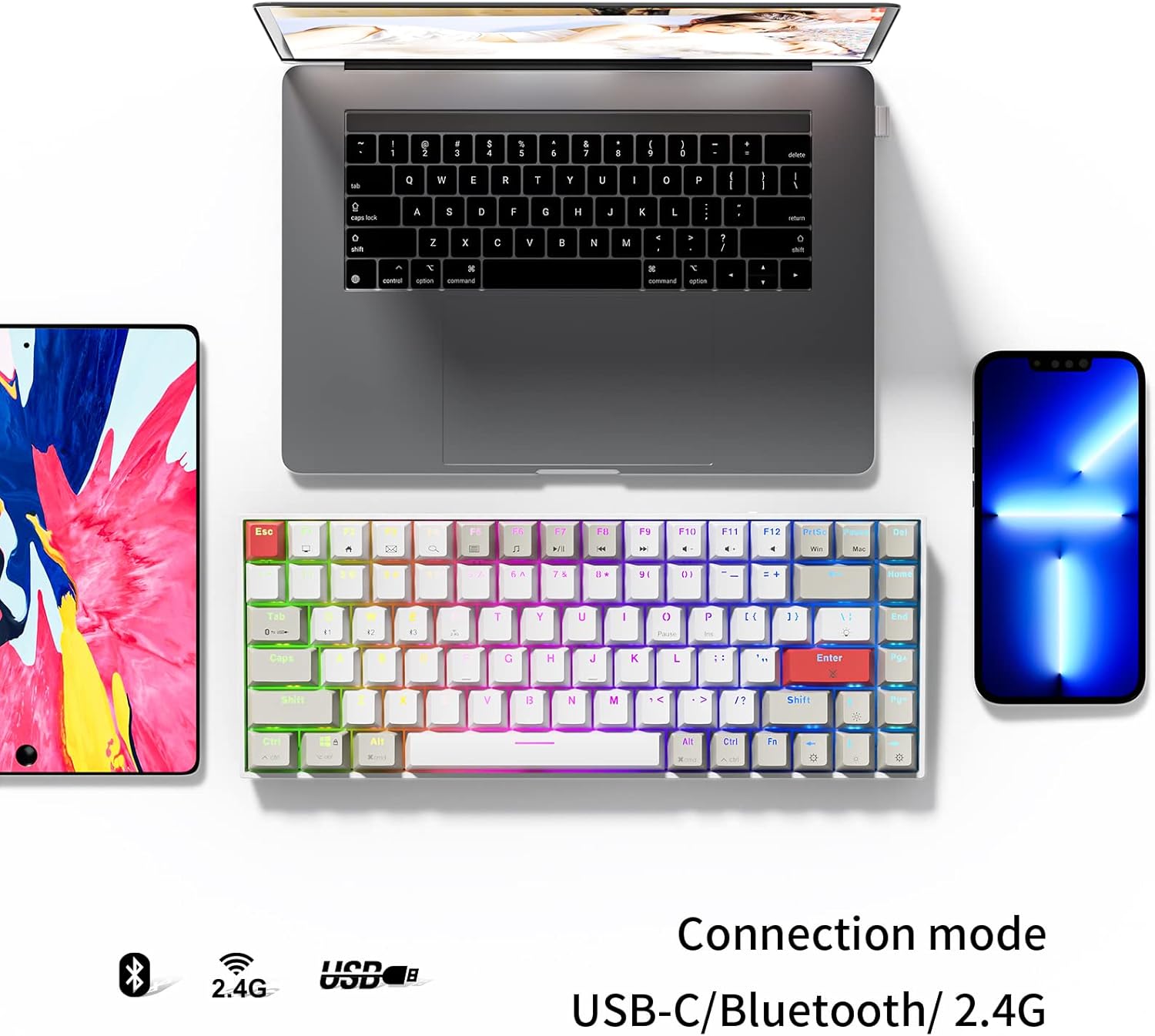 Newmen GM840 Wireless Mechanical Keyboard,Wired/Bluetooth/2.4G 75% Compact RGB Backlit Hot Swappable Mini Gaming Keyboard,USB C 84 Keys Small Computer Keyboards for PC/Laptop/Win/Mac,Red Switches