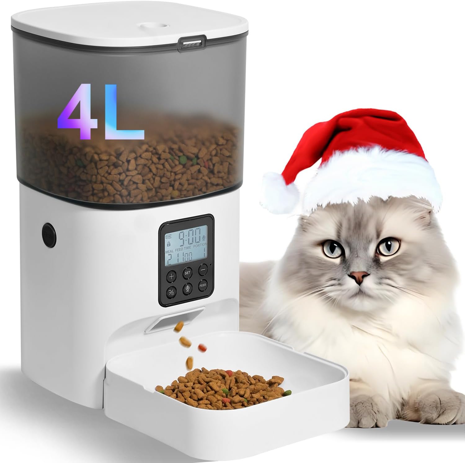 Automatic Cat Feeder, 4L Cat Food Dispenser with 10s Voice Recorder, Pet Feeder up to 8 Meals per Day, Timed Dog Feeder with Dry Food Sealed Ring (White, 4L-Basic)