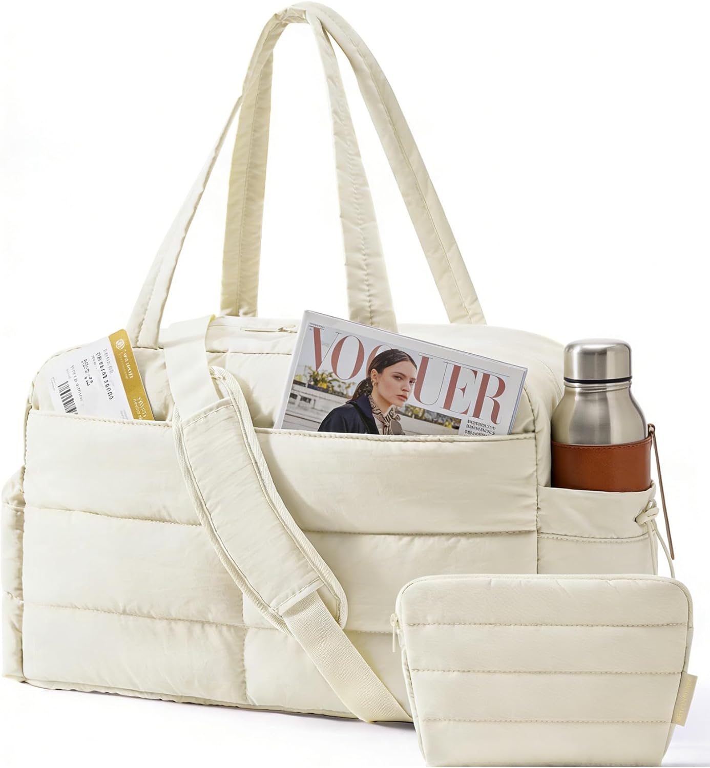 BAGSMART Gym Bag for Women, Lightweight Puffer Duffle Bag 2-PC Travel Bag, 31L Weekender Overnight Bag Quilted Carry On Tote Bag, Diaper Hospital Dance bag for Travel, Gym, Water Resistant, Pink