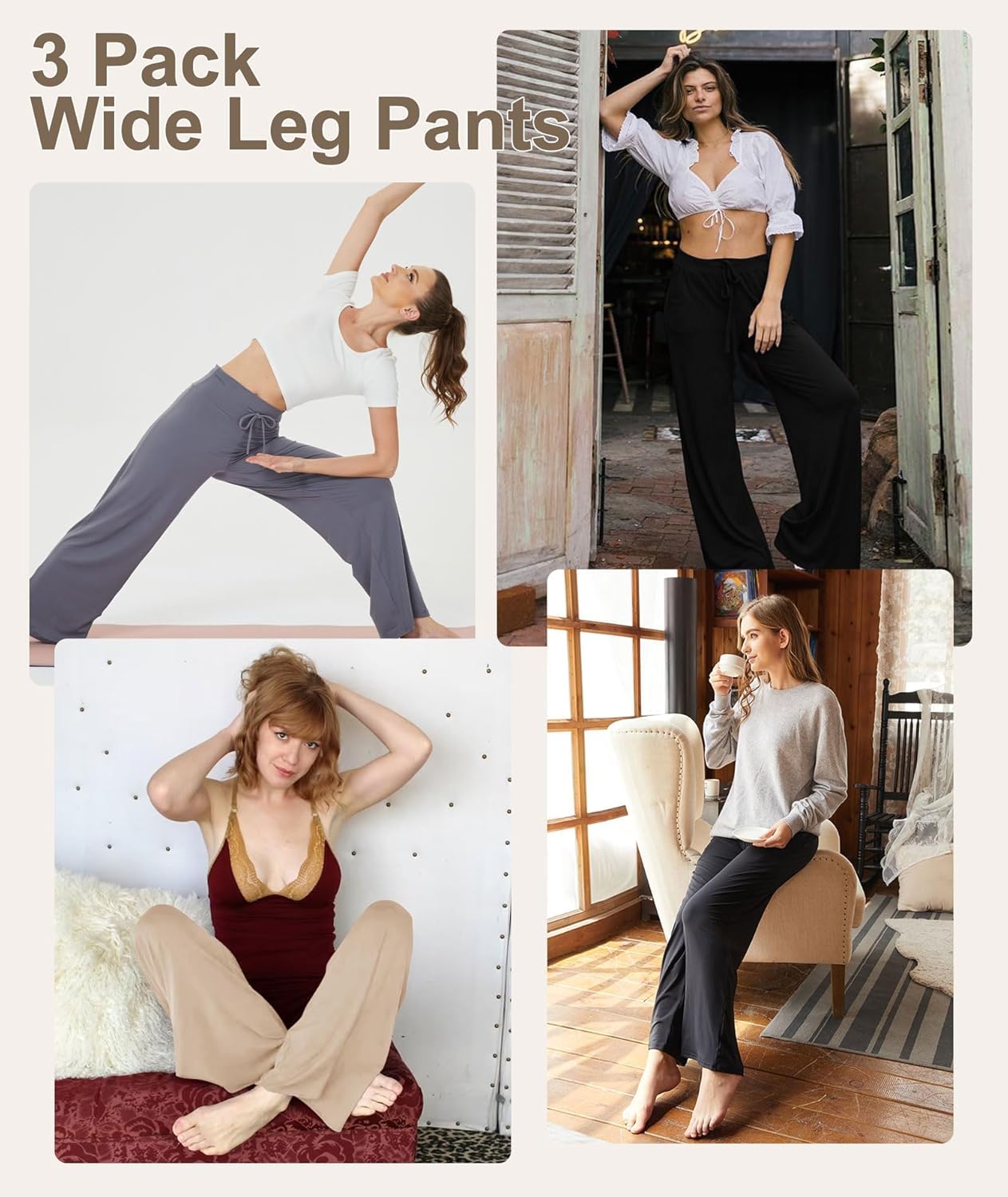 TNNZEET 3 Pack Women's Wide Leg Pants with Pockets - Casual Loose Yoga Trouser Pants Sweatpants Palazzo Lounge Pajama Pants