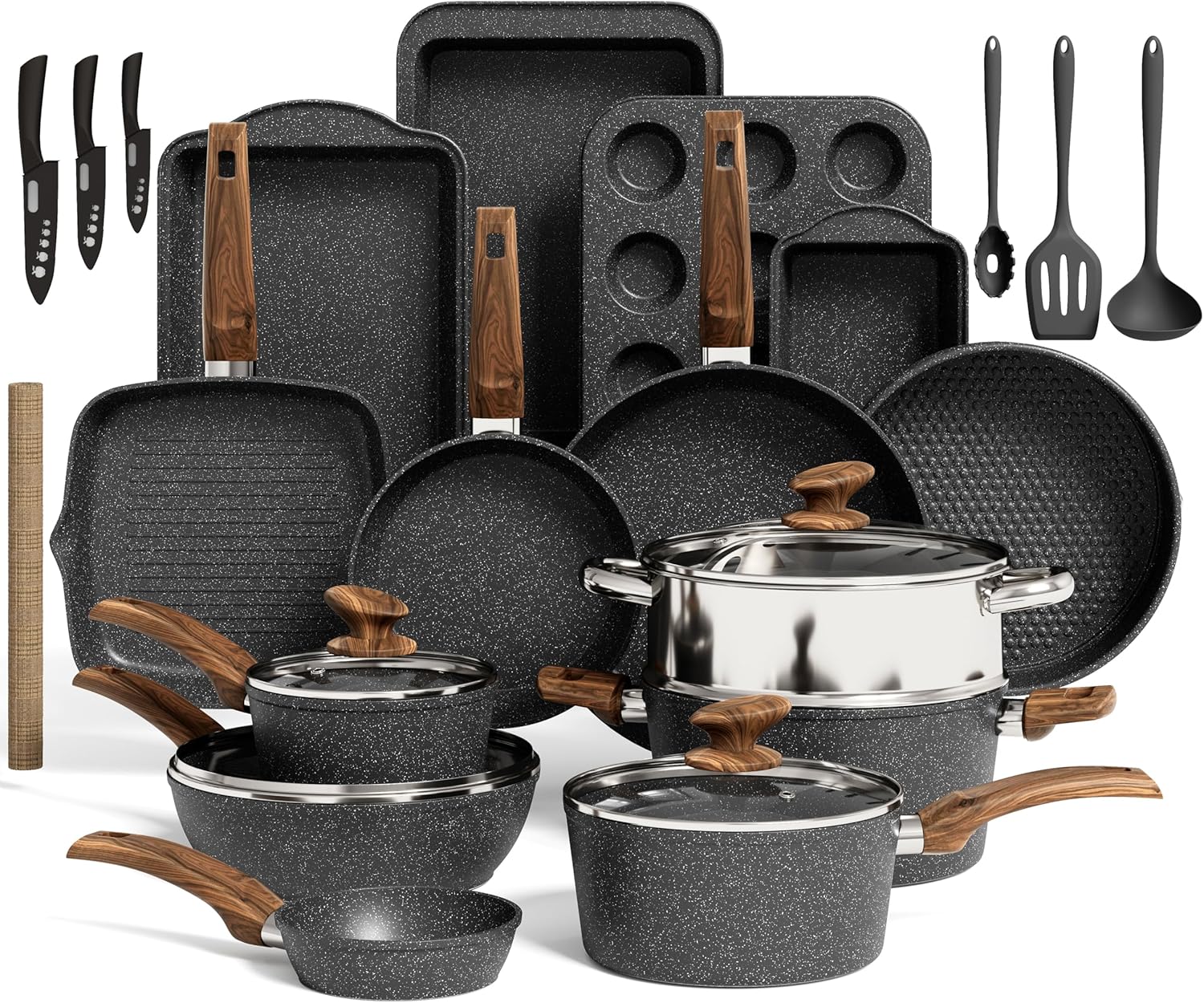 Kitchen Academy Granite Nonstick Cookware Set - 17 Piece Gray Cooking Pans Set, Induction Pots and Pans Set Non Stick, PFOA & PFOS Free.