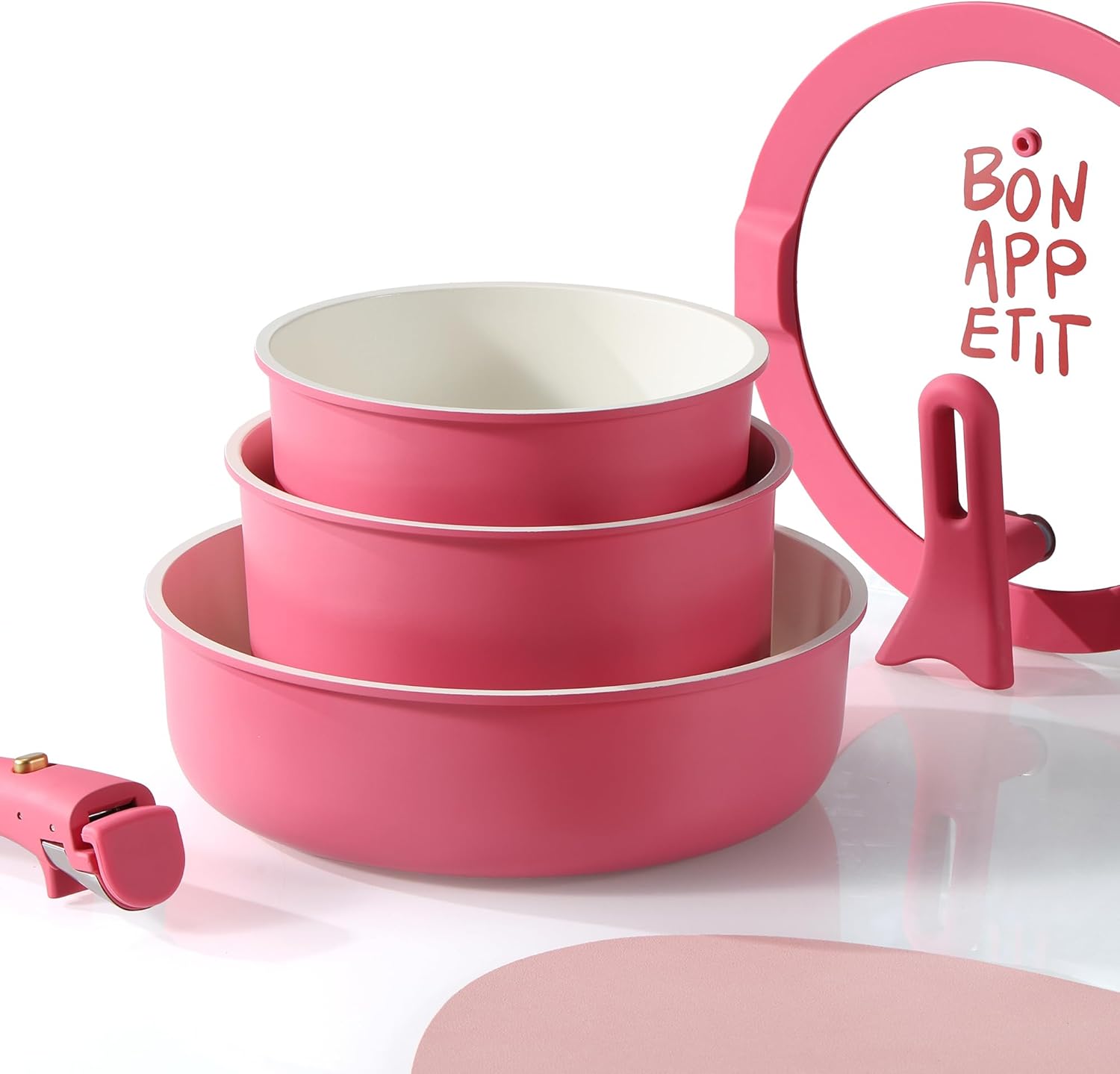 CAROTE 18Pcs Ceramic Cookware Set with Detachable Handle, Pots and Pans Set Non Stick, Non Toxic Kitchen Cooking Sets with Stand-Up Lid, PFAS and PFOA Free, Oven Safe, Induction Ready, Pink