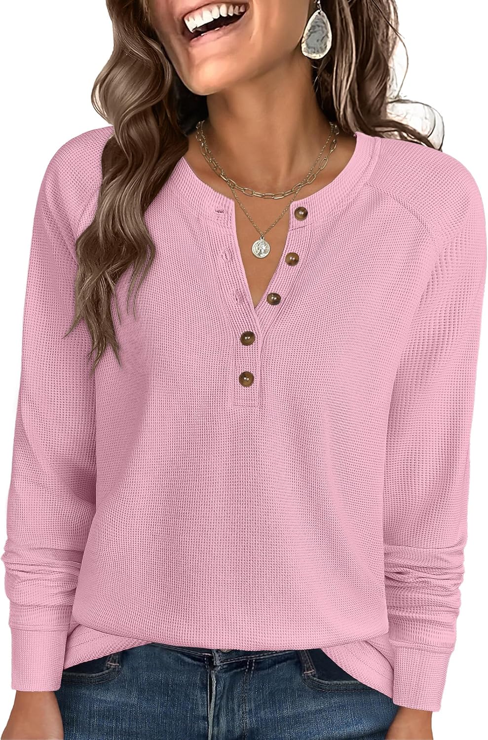ANRABESS Women's Long Sleeve Waffle Knit Shirts Dressy Casual Loose Button Up V Neck Henley Tops 2026 Fall Basic Tee Blouse