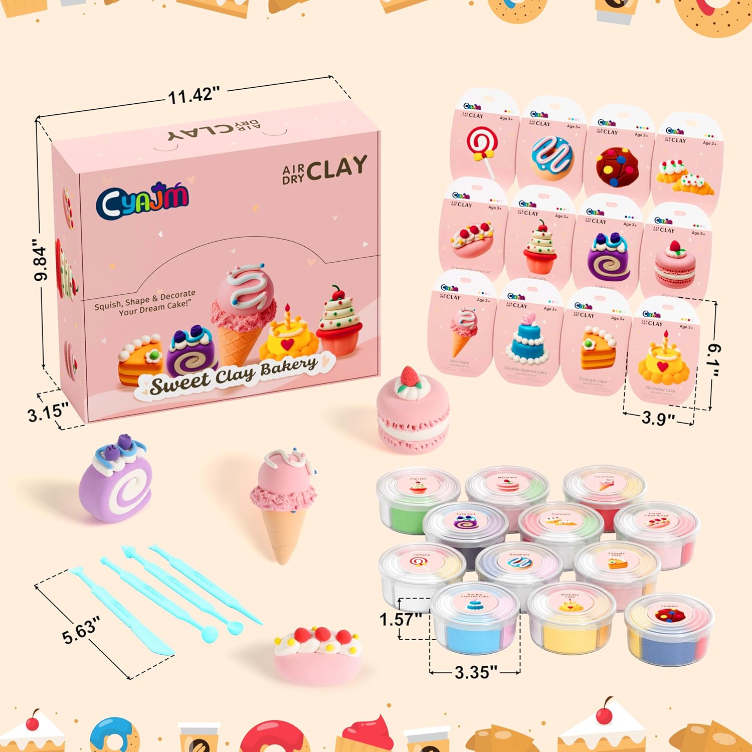 Cake Themed Air Dry Clay Kit for Kids - 12 Boxes Ultra Light Model Magic Clay, Soft DIY Modeling Clay with Sculpting Tools & Tutorials, Arts and Crafts Gift for Girls and Boys