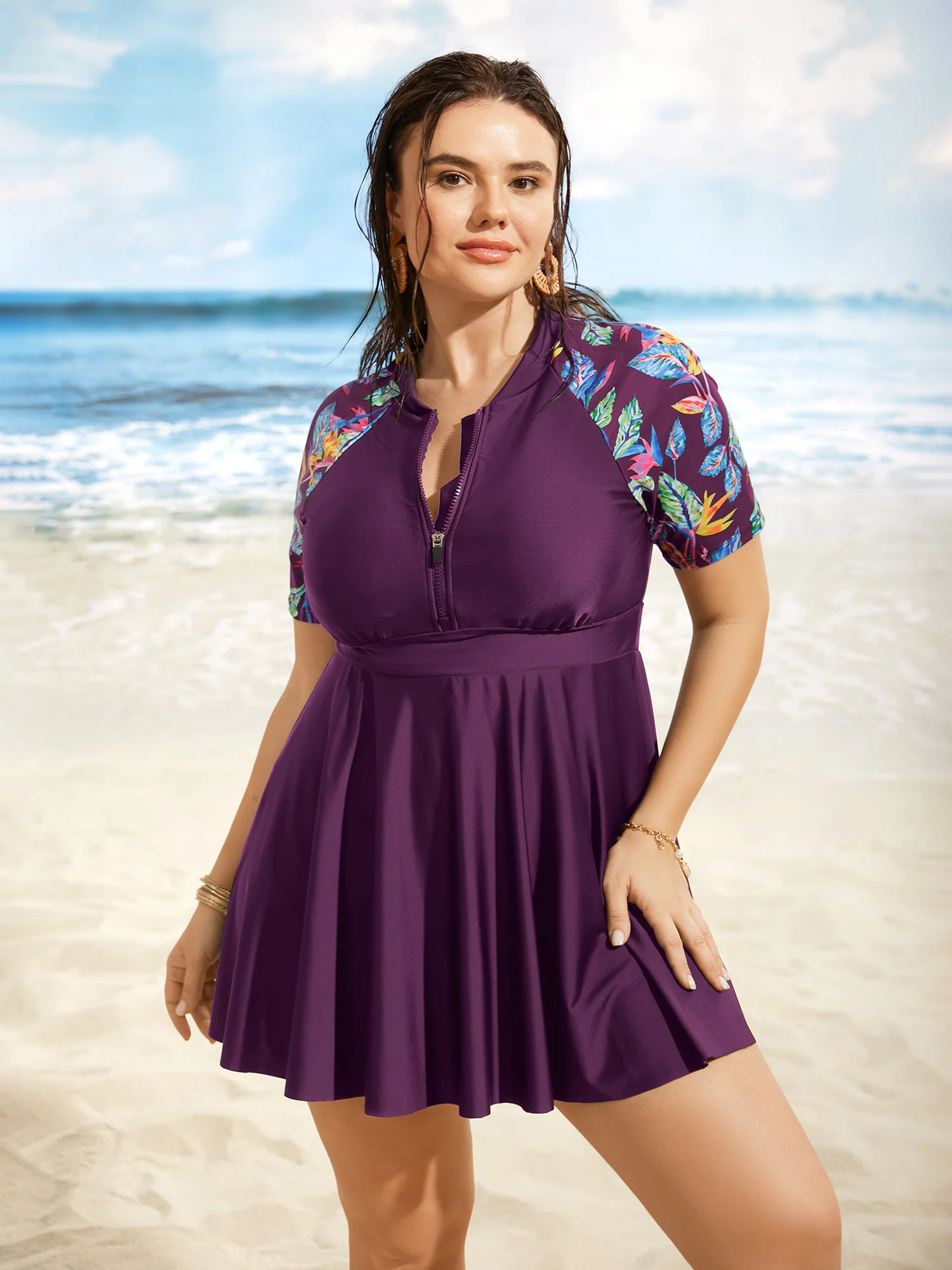 Tropical Print Half Zip Raglan Sleeve Swim Dress