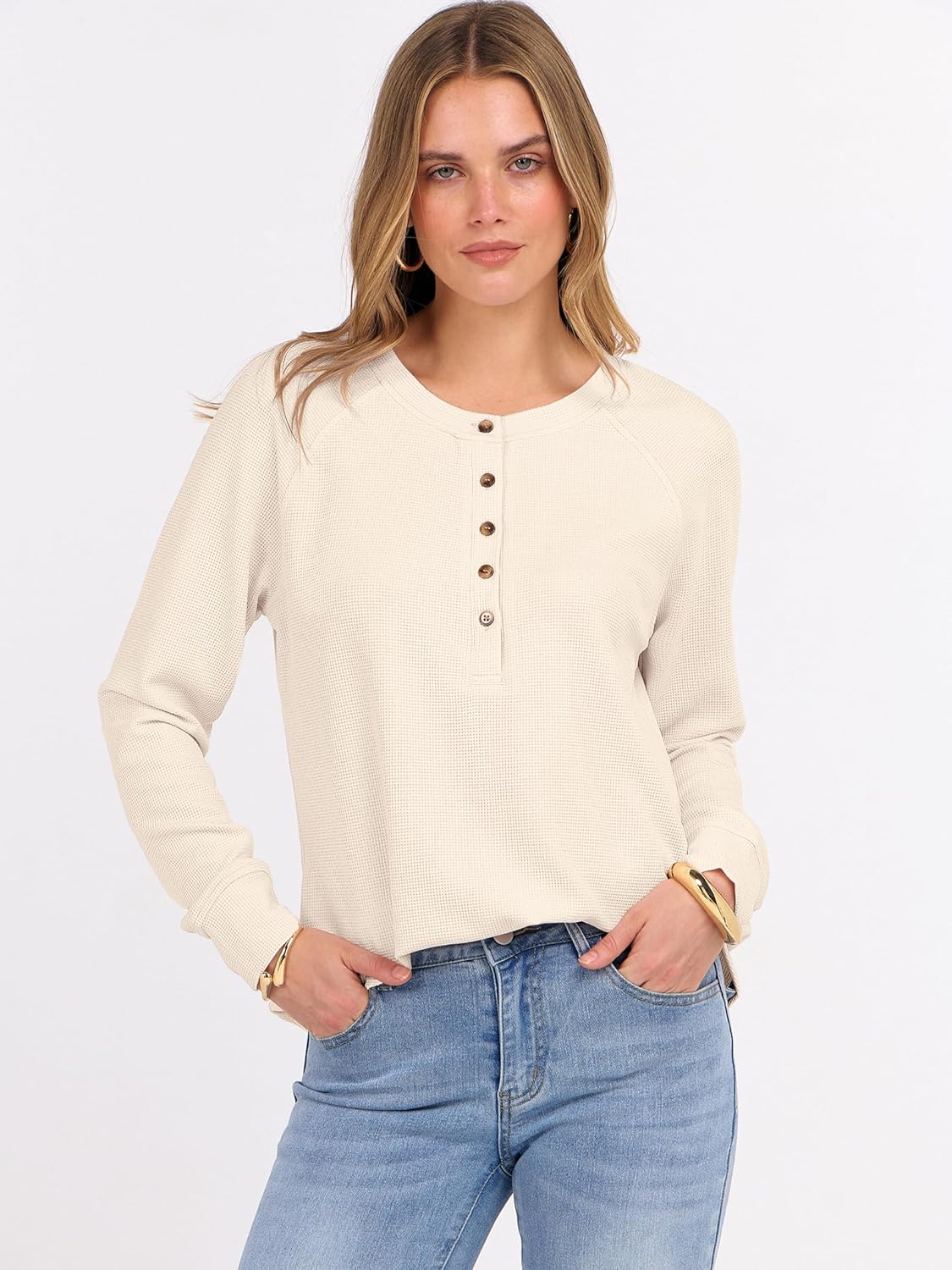 ANRABESS Women's Long Sleeve Waffle Knit Shirts Dressy Casual Loose Button Up V Neck Henley Tops 2026 Fall Basic Tee Blouse