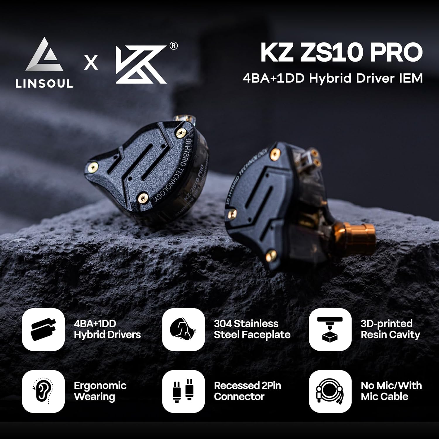 Linsoul KZ ZS10 Pro, 4BA+1DD 5 Driver in Ear Monitor, HiFi Wired Earbuds, Gaming Earbuds, Hybrid IEM Earphones with Stainless Steel Faceplate, Detachable Cable for Musician(Without Mic, Dark Black)