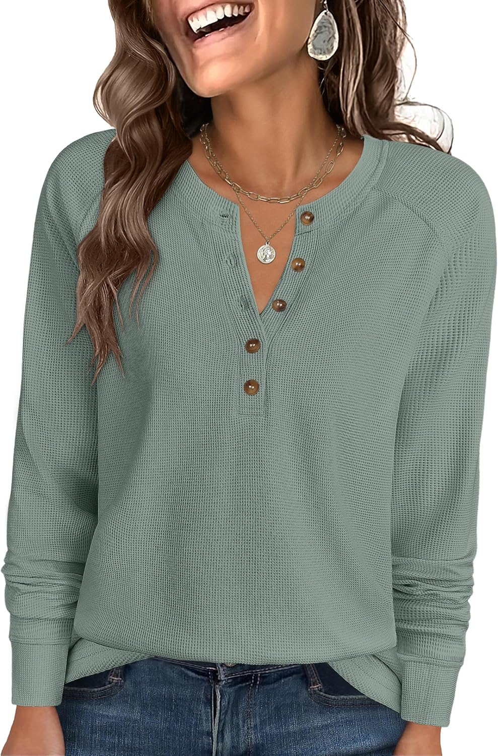 ANRABESS Women's Long Sleeve Waffle Knit Shirts Dressy Casual Loose Button Up V Neck Henley Tops 2026 Fall Basic Tee Blouse