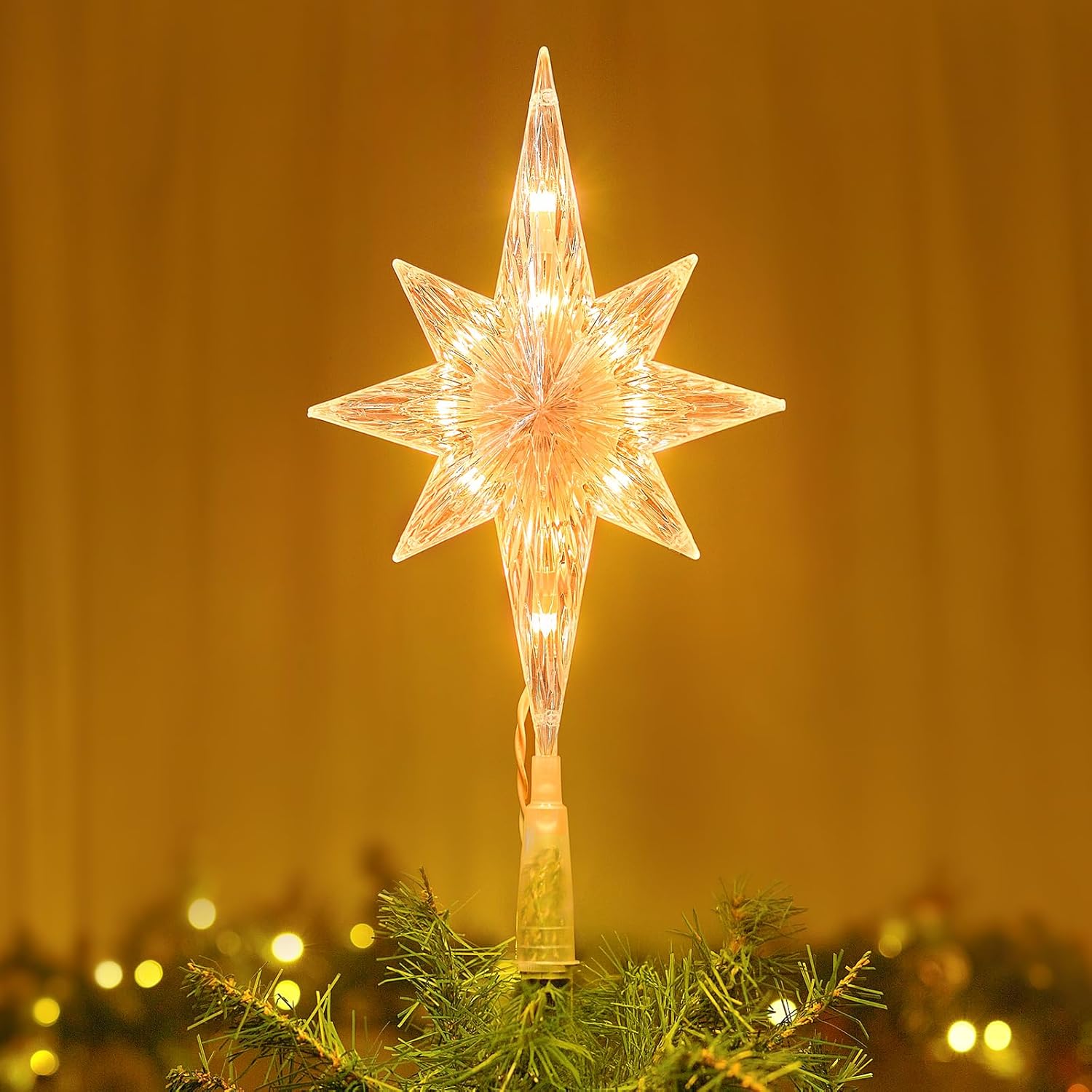 Christmas Tree Topper Lighted Star with Built-in 10 Replaceable Bulbs, 9.5” Clear Five-Pointed Star Tree Topper Plug in for Indoor Office Xmas New Year Holiday Tree Decoration, Warm White