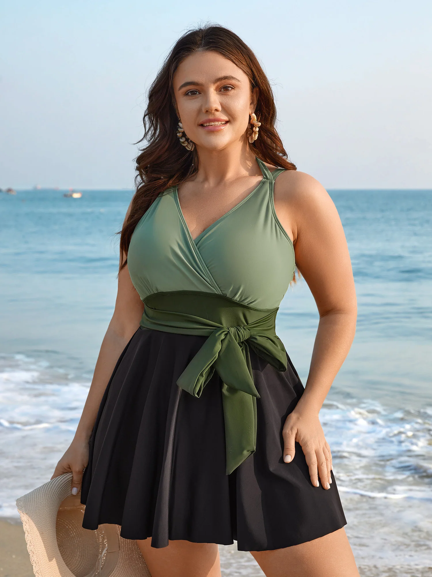 Color-Block Panelled Waist-Tie Swim Dress