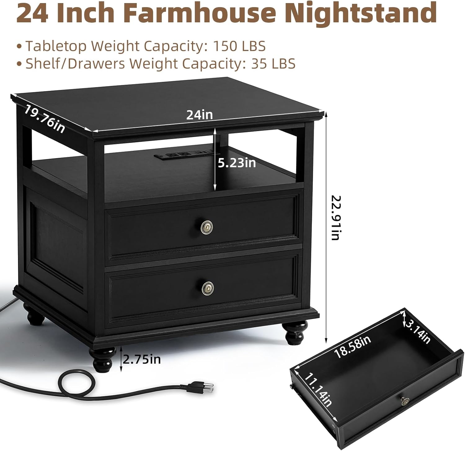 Farmhouse Nightstand with Charging Station, 24