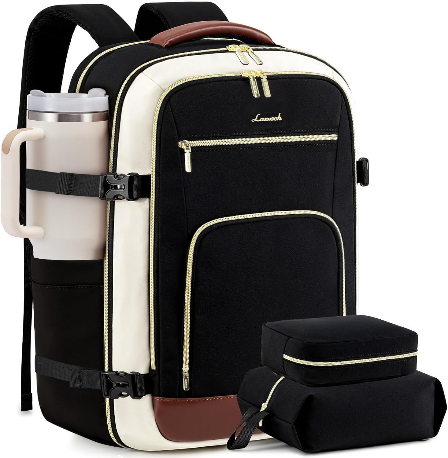 LOVEVOOK Travel Backpack For Women, 40L Carry On Backpack Flight Approved, TSA Personal Item Travel Bag Fits 17 Inch Laptop, Business Weekender Overnight Waterproof Daypack With 2 Cubes, Grey-Pink