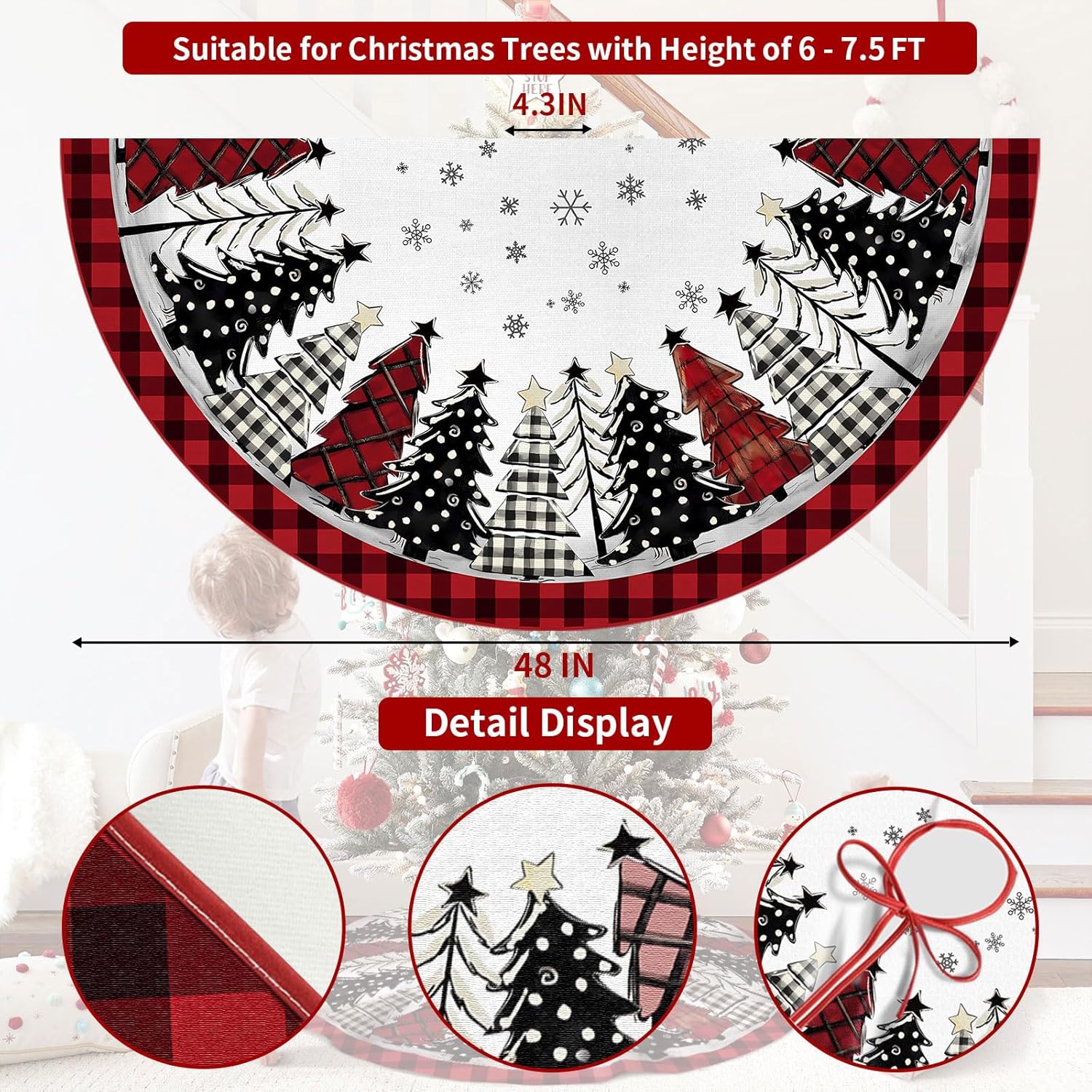 Christmas Tree Skirt 48 Inch, Red and Black Buffalo Plaid Xmas Tree Skirt, Winter Christmas Tree Mat for Home Party Holiday Indoor Outdoor Decorations