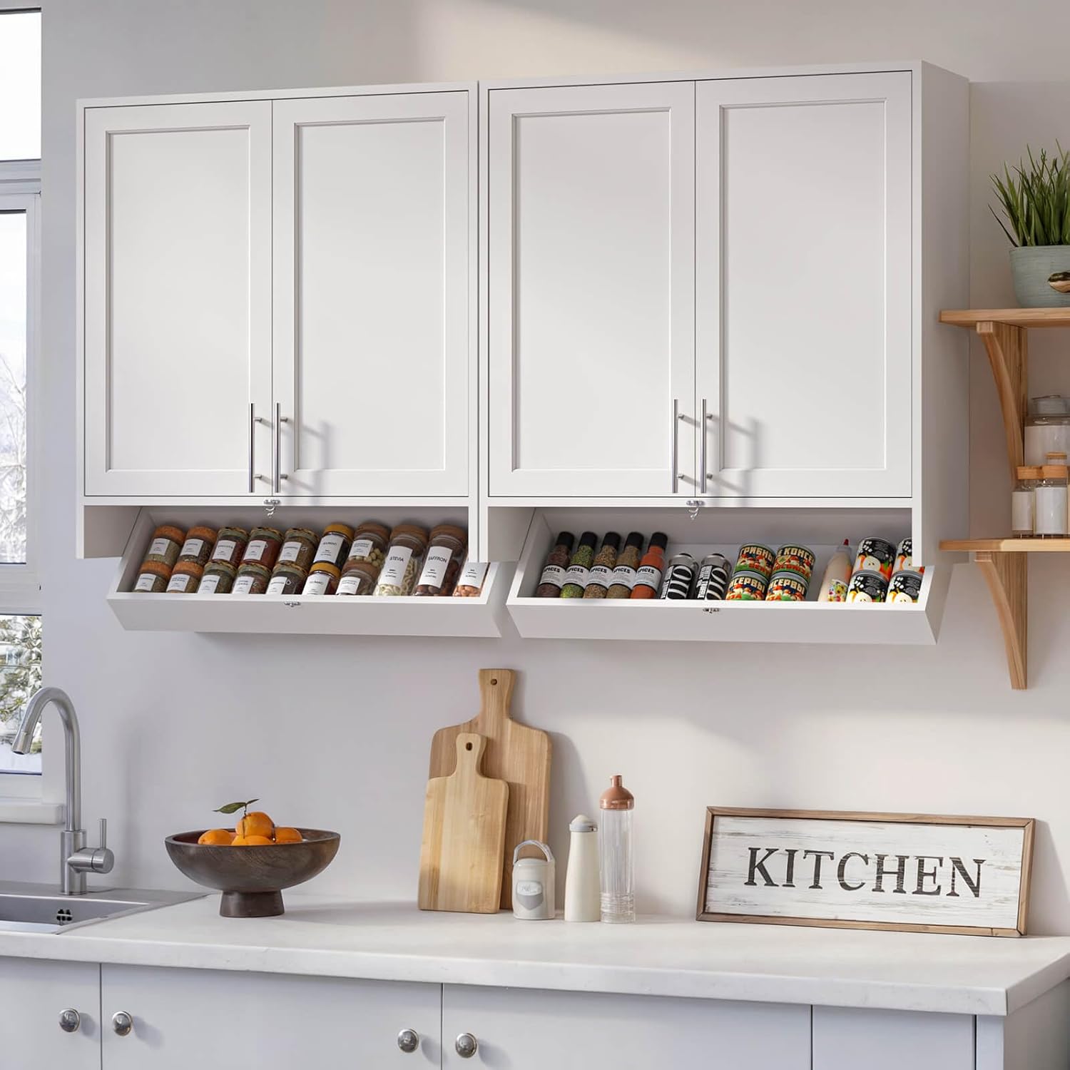 59’’W Laundry Room Cabinets Wall Mounted,Kitchen Wall Cabinet with Flip-Bottom Drawer for Spice, Adjustable Shelf, Shaker Wall Cabinets for Laundry Room, Kitchen, Bathroom, White