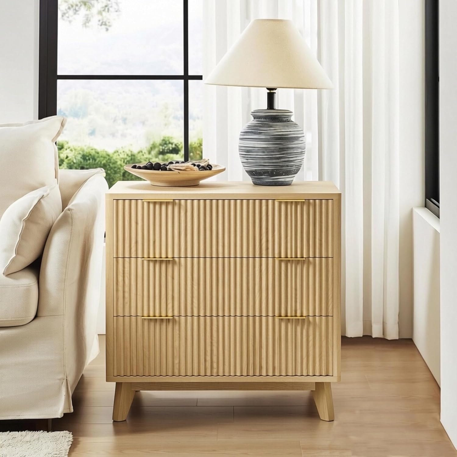 32” Tall Nightstands with Fast Charging Station, 32” Wide Fluted Night Stand with 3 Large Drawers, Modern End Table Beside Table for Bedroom, Curved Profile Design, Natural